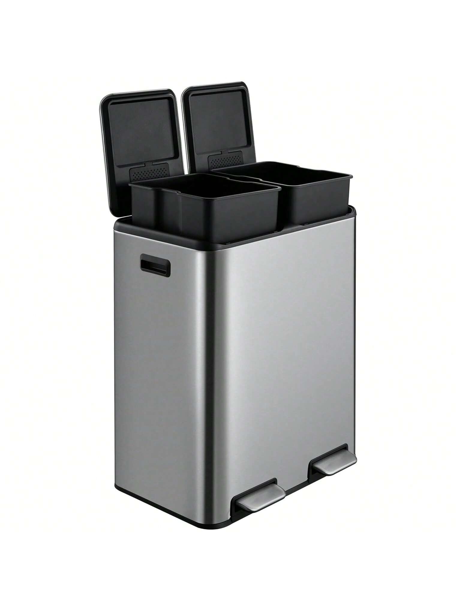 Qeetex PIS-013W4AIZ-HF4 60 Liter / 16 Gallon Rectangular Hands-Free Dual Compartment Recycling Kitchen Step Trash Can With Soft-Close Lid. 2 Plastic Inner Buckets And Hinged Lids. Brushed Stainless Steel