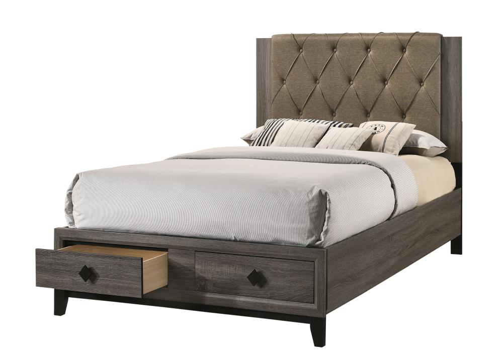 ACME FURNITURE 27667EK Avantika Fabric and Rustic Gray Oak King Wood Panel Bed