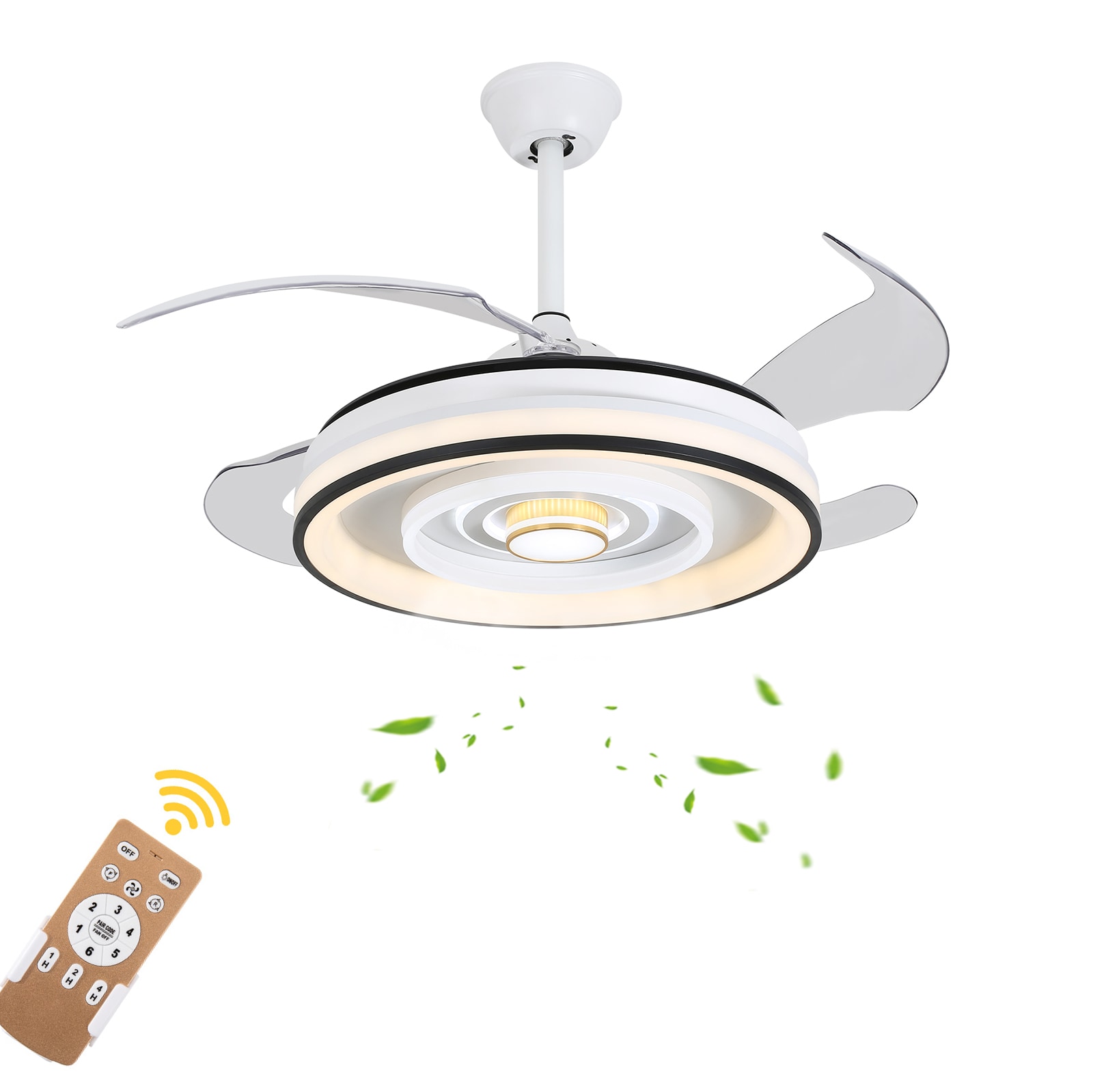 Oukaning JZUCODJ699HCX Memory Function 42-in Color-Changing 6-speed White Round Retractable Blades Reversible with ABS Blades Ceiling Fan With Light and Remote ( 4 -Blade )