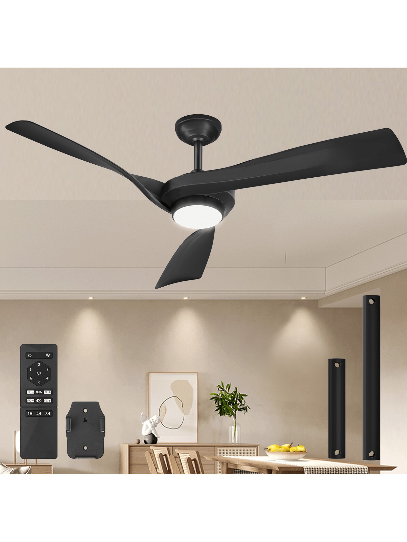 Qeetex PHO-13V5MM3A-HF4 Ceiling Fan 52 Inch with 3CCT LED Light. Dimmable. 6 Speed ​​Adjustable Ceiling Fan with Remote Control. DC Reversible Modern Quiet Ceiling Fan with 2 Pull Down Rods for Bedroom. Farmhouse. Patio