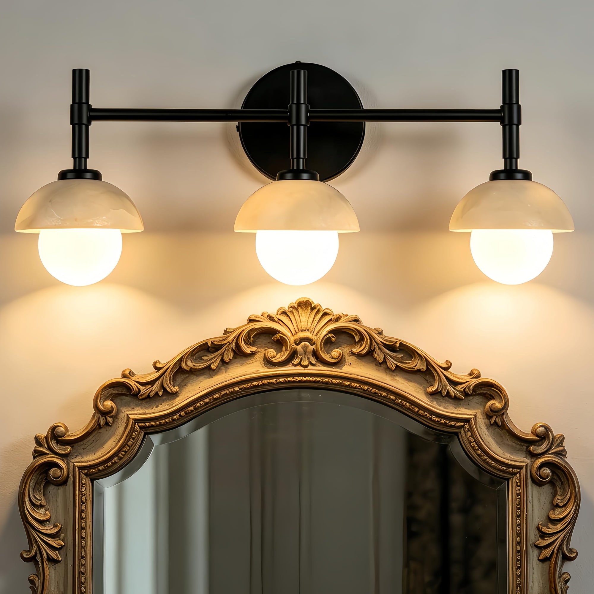 AOIZGMY  Mid Century Modern Natural Alabaster Hand Carved Wall Sconce 3 Light Vanity Light Fixture Over Mirror for Hallway Bathroom Black