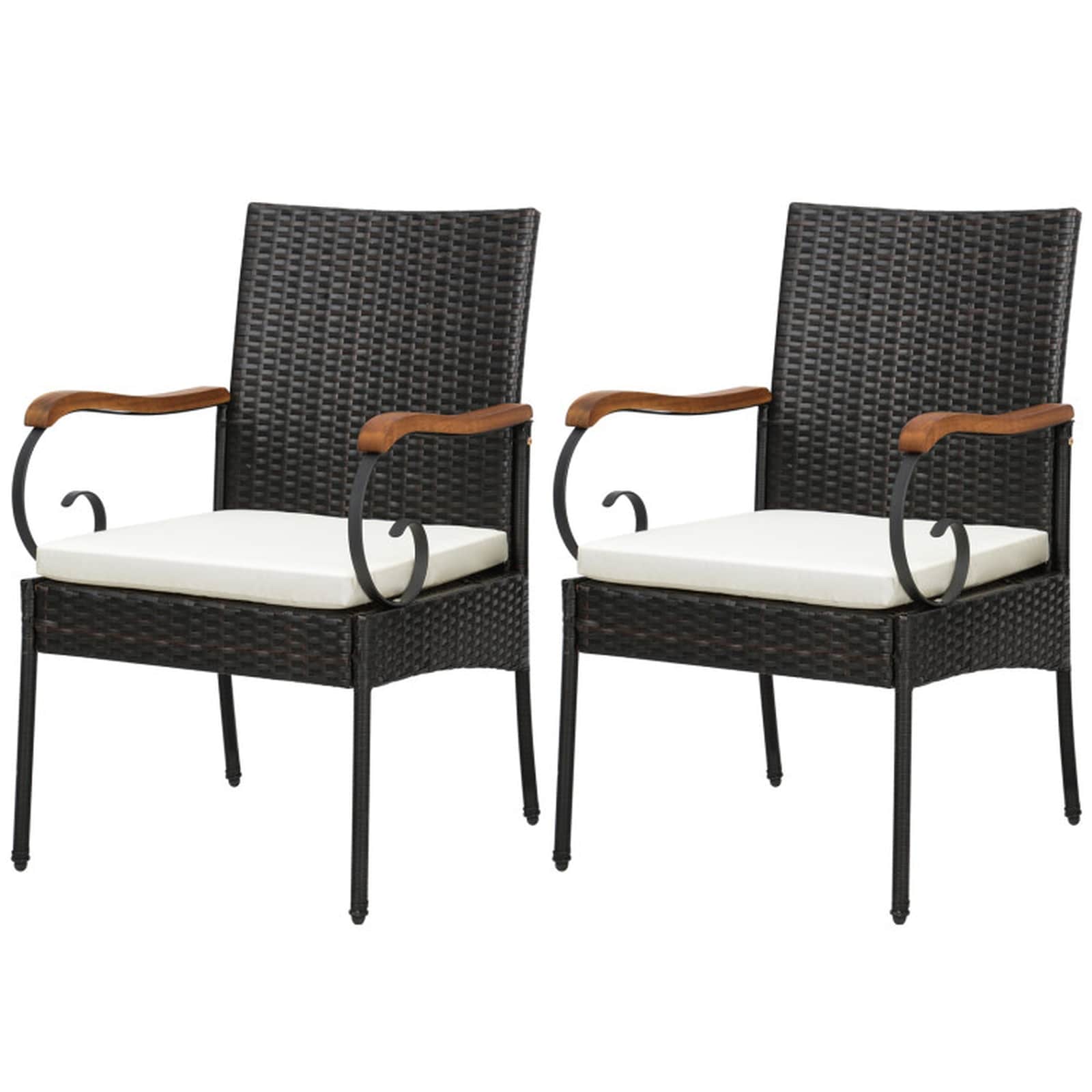 SUGIFT - 2-Piece Mix Brown PE Wicker Patio Dining Chair Set with Acacia Wood Armrests - Off White...
