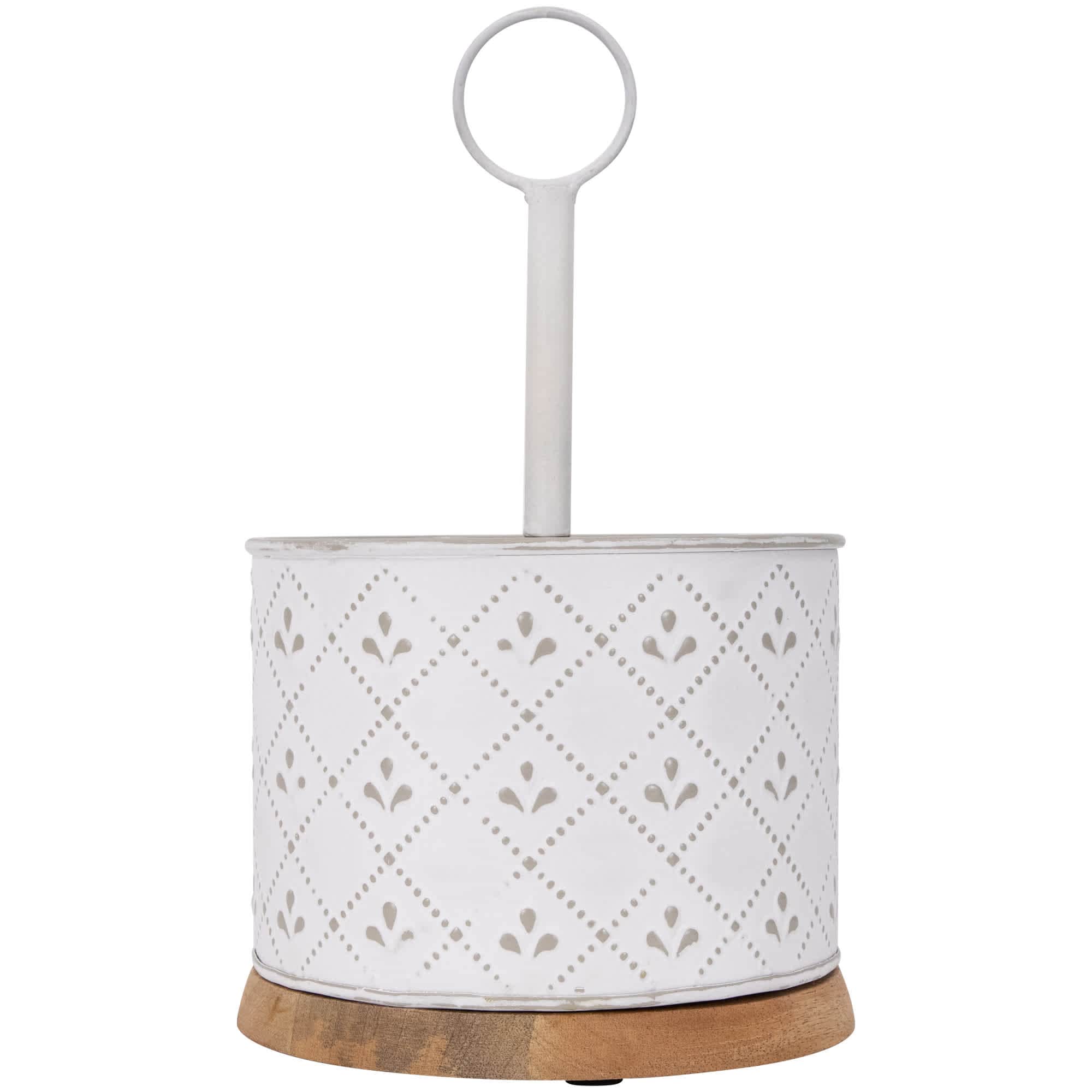 7 inch White Round Embossed Utensil Caddy with Wooden Base