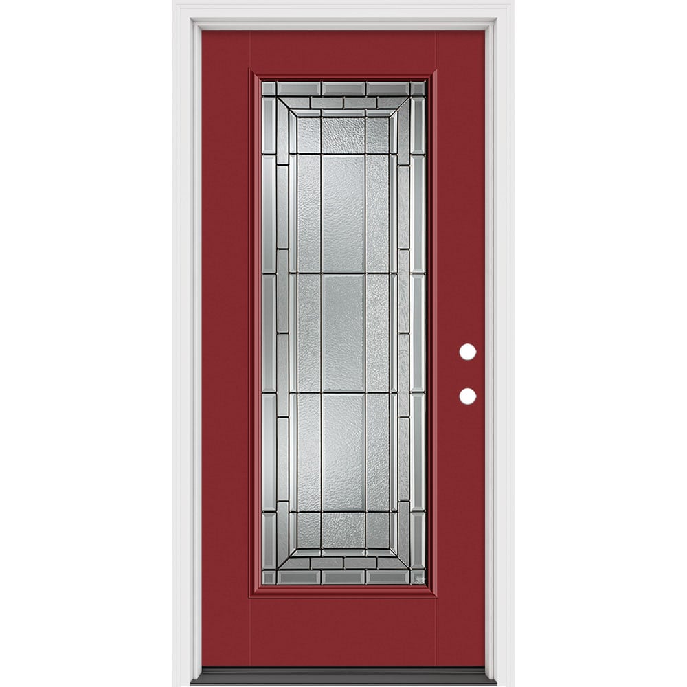 Masonite 631324 Sequence 36-in x 80-in x 4-9/16-in Fiberglass Full lite Left-hand inswing Roma Red Painted Prehung Front Door with Brickmould Insulating core