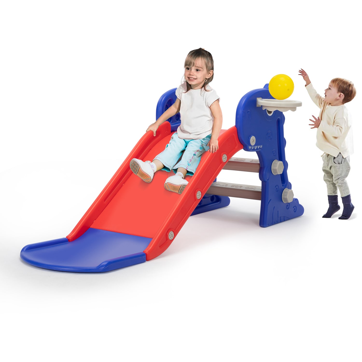 Jaxpety TH17X0983 Dinosaur 3 in 1 Toddler Slide Indoor Outdoor Kids Climber with Basketball Hoop and Soccer Goal