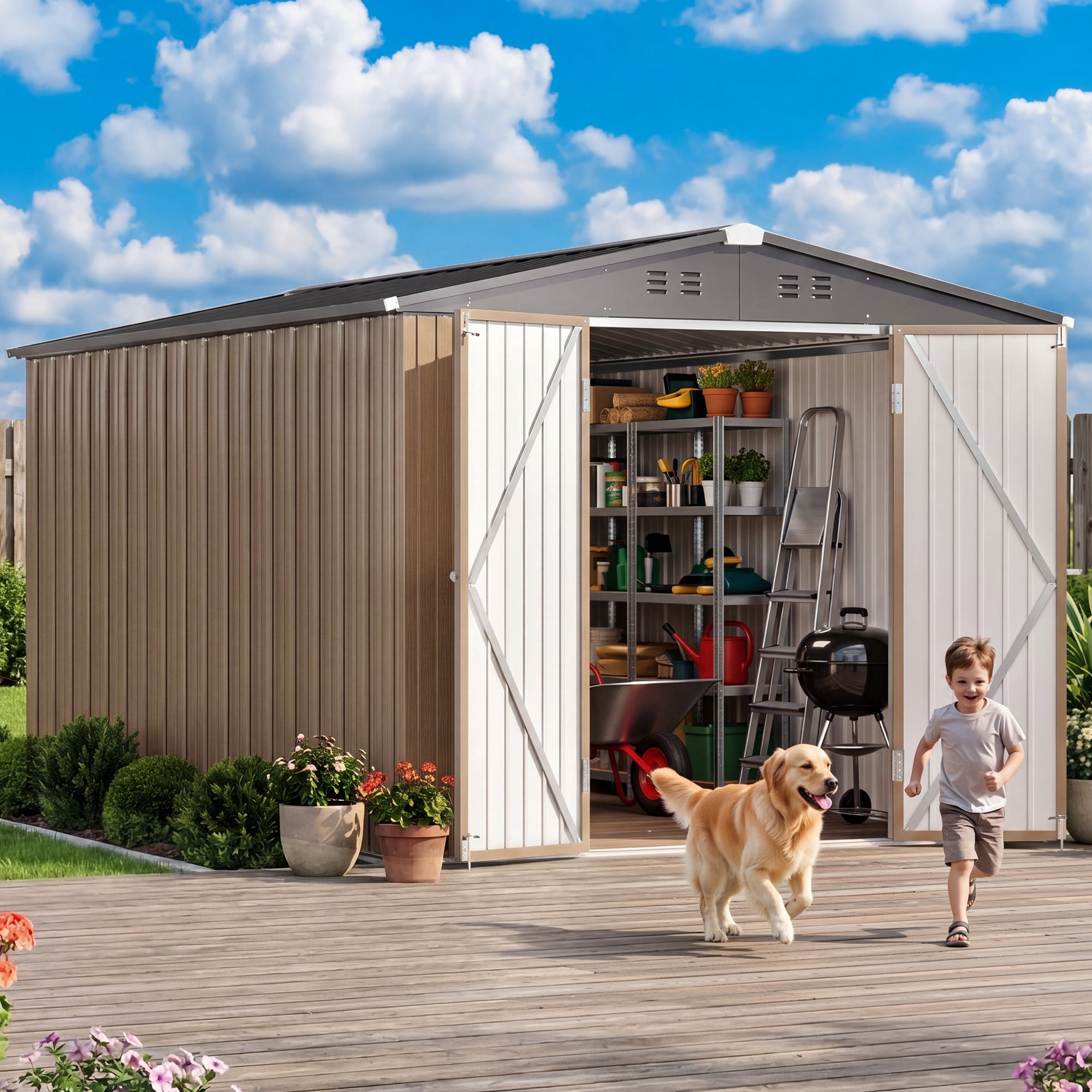 Lofka - 8-ft x 12-ft Galvanized Steel Outdoor Storage Shed with Lockable Double Doors Gable Roof ...