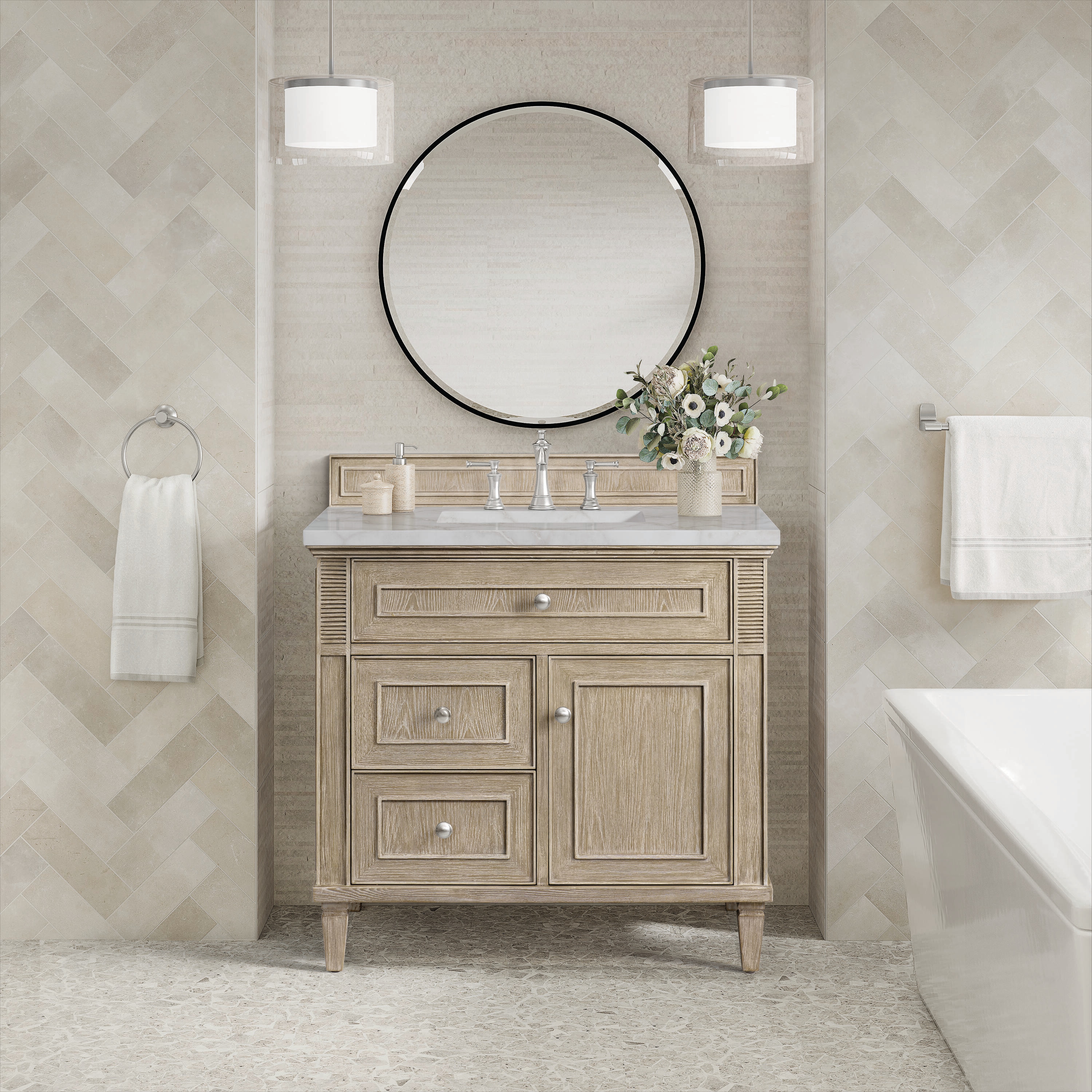 Lorelai 36" Whitewashed Oak Single Vanity with Victorian Silver Quartz Top