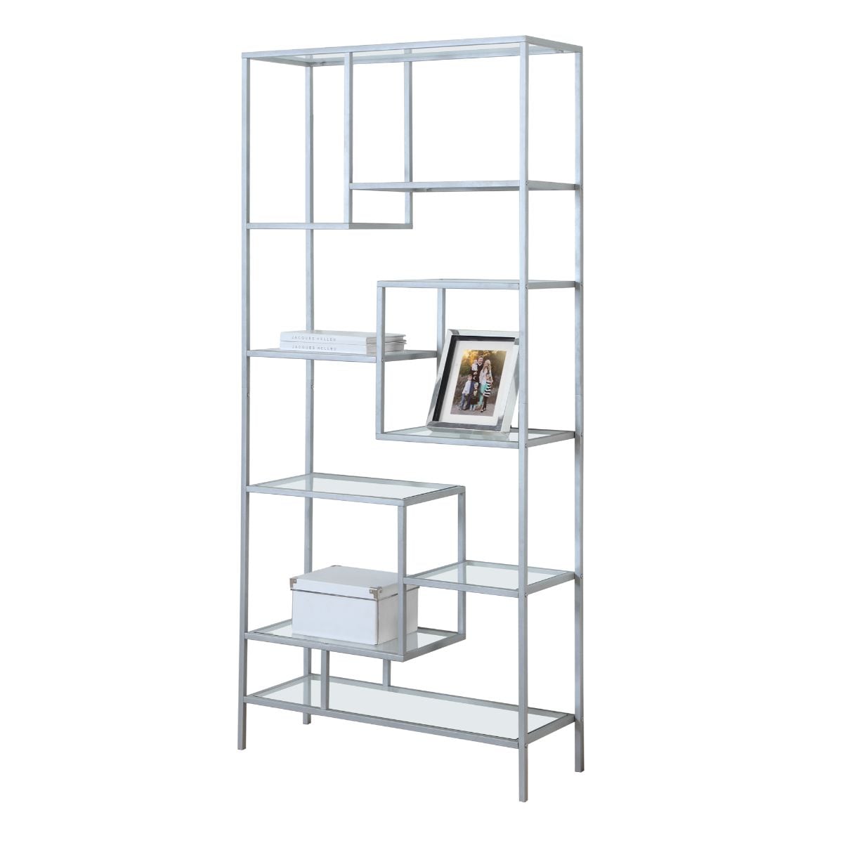 Modern 72" White Metal and Tempered Glass Bookcase with 9 Shelves