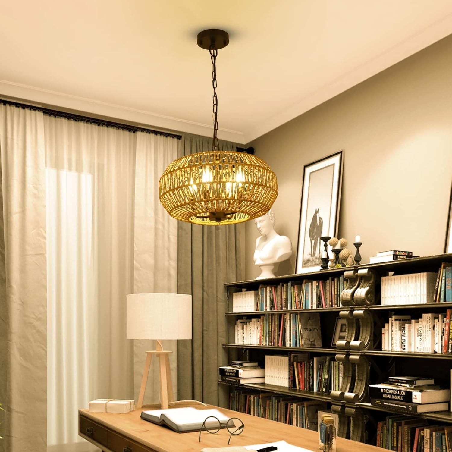 LOBREG  Height Adjustable Farmhouse Rattan Pendant Lights15.7 in 4-Light Wicker Hand Woven Basket Pendant Hanging for Dining Room Living Room