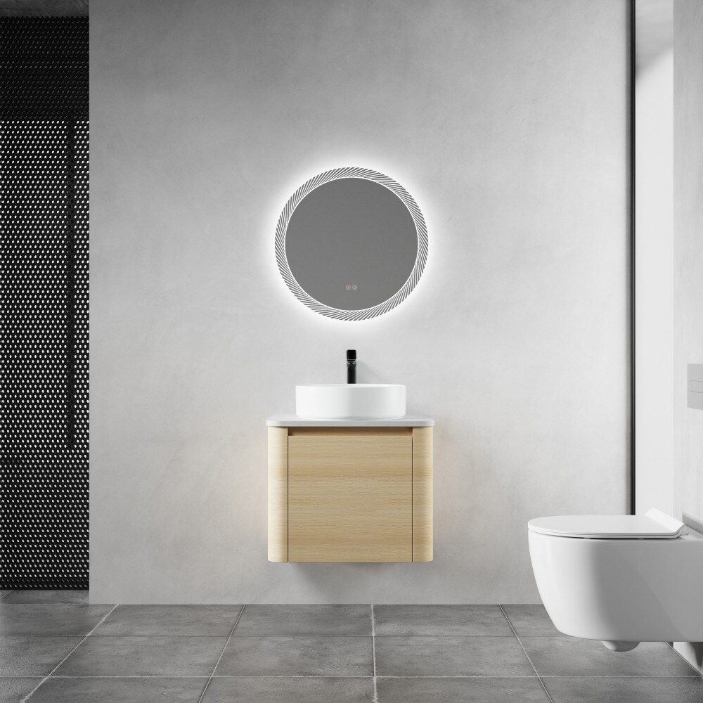 Basdien 24 in Ameican White Oak Wall Mount Bath Vanity Ceramic Art Sink Soft Close Door Modern Style Plywood KD Packing Scratch Water Resistant Melamine Surface Space Saving Floating Design Easy Clean Stone Basin Eco Friendly Paint Free Boards
