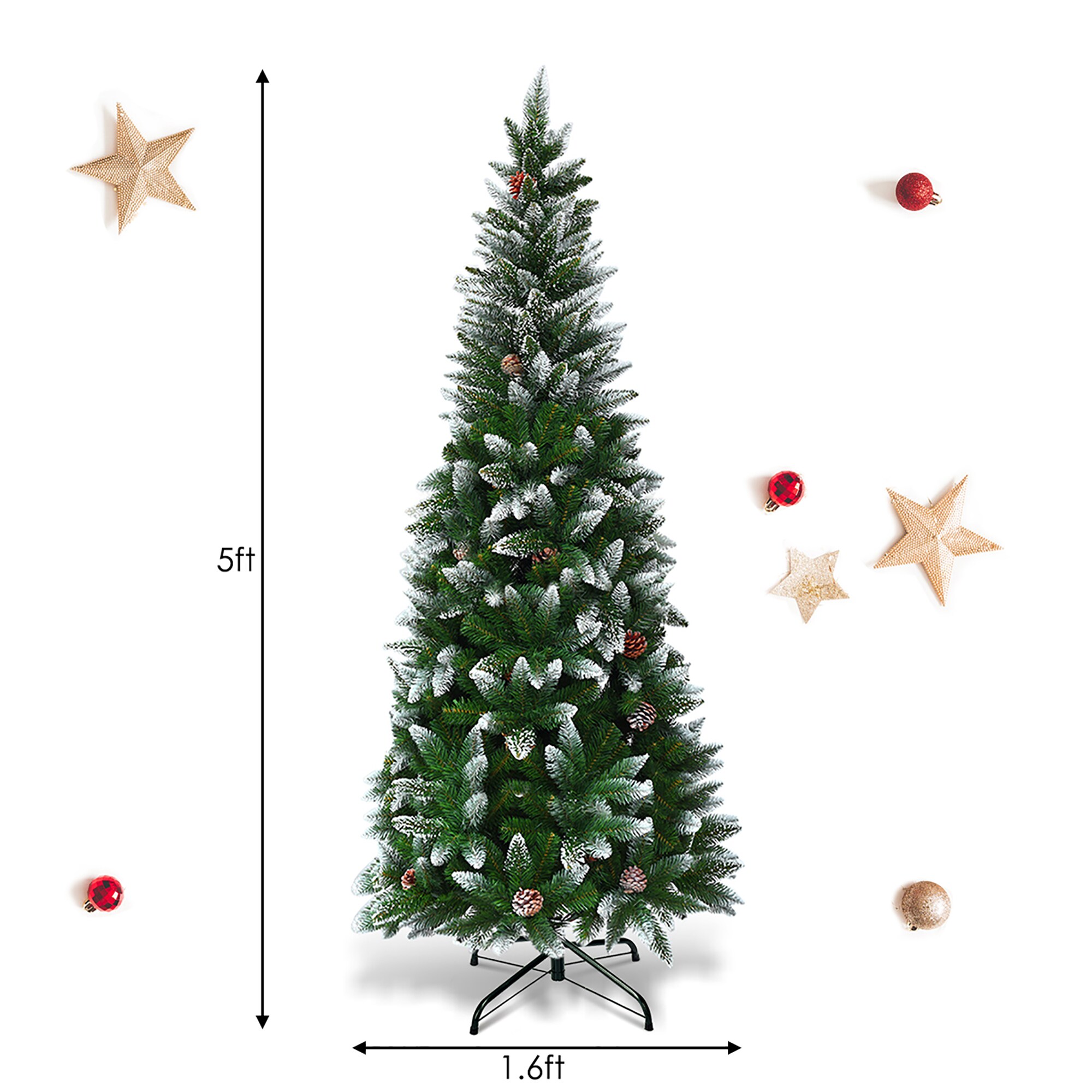 5ft Green and White Snow Flocked Pencil Christmas Tree with Pine Cones