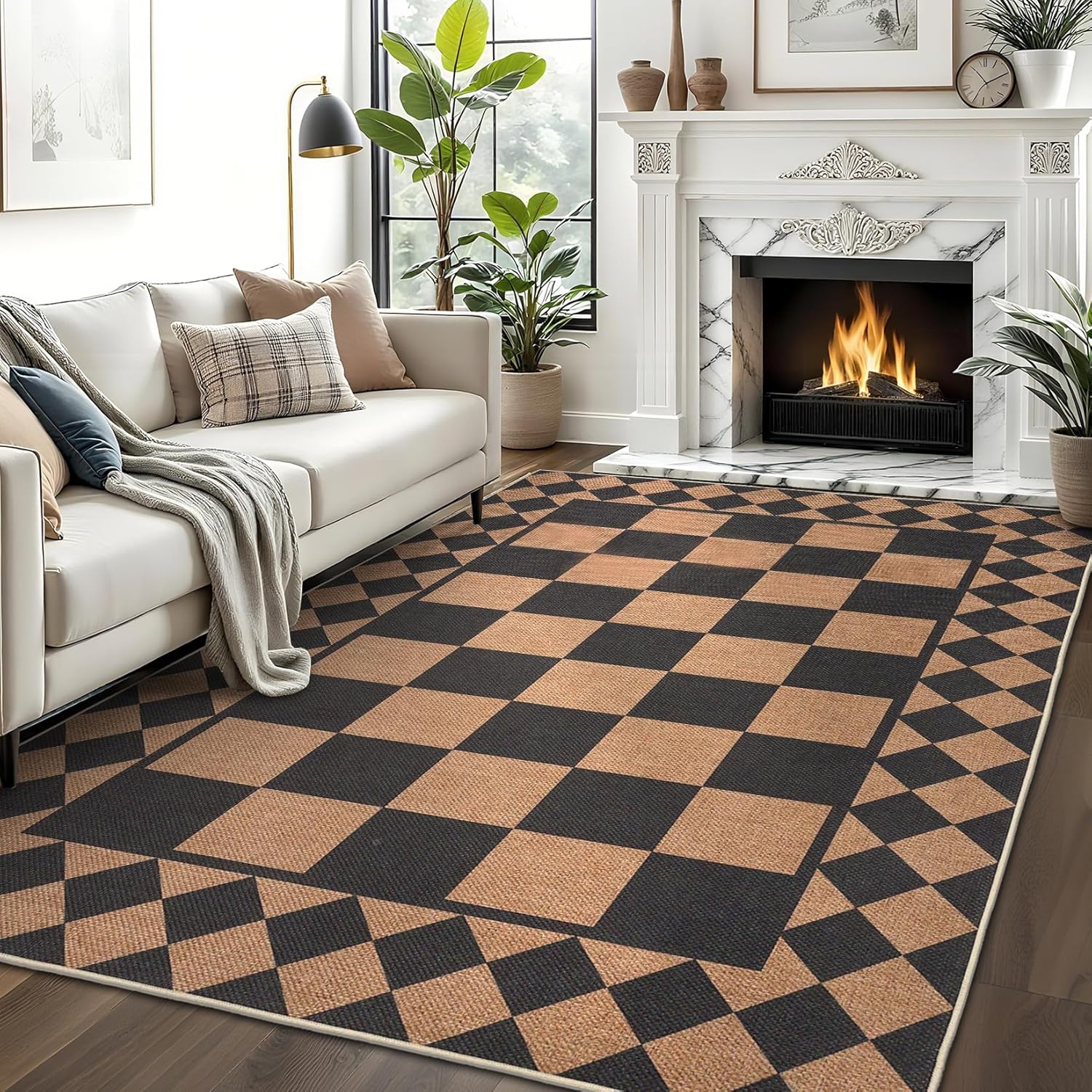 IdealHouse 8x10 Rugs Washable Rugs for Bedroom Modern Plaid Area Rug Living Room Rug Non Slip Non Shedding Stain Resistant Low Pile Folding Floor Cover for Dining Room Nursery Entry Black Brown #LUCY-W0XGQ78D42B3