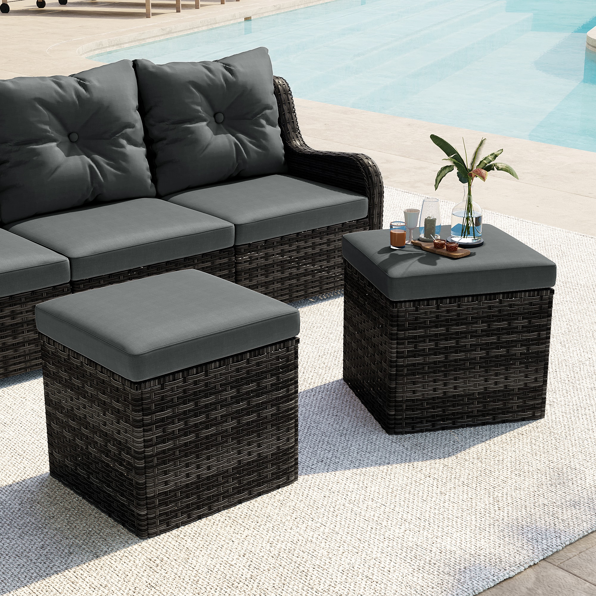 Dreamsidea - 2 Pack Outdoor Ottoman Rattan Woven Seat Indoor Outdoor Gray Brown