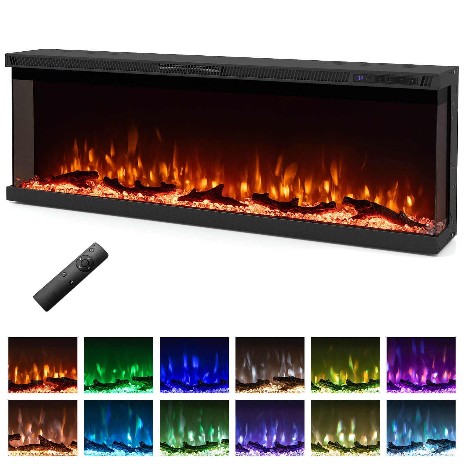 Costway -  50 inches Wide 3-Sided Electric Fireplace Insert 750 with 1200W Recessed Wall-Mounted ...
