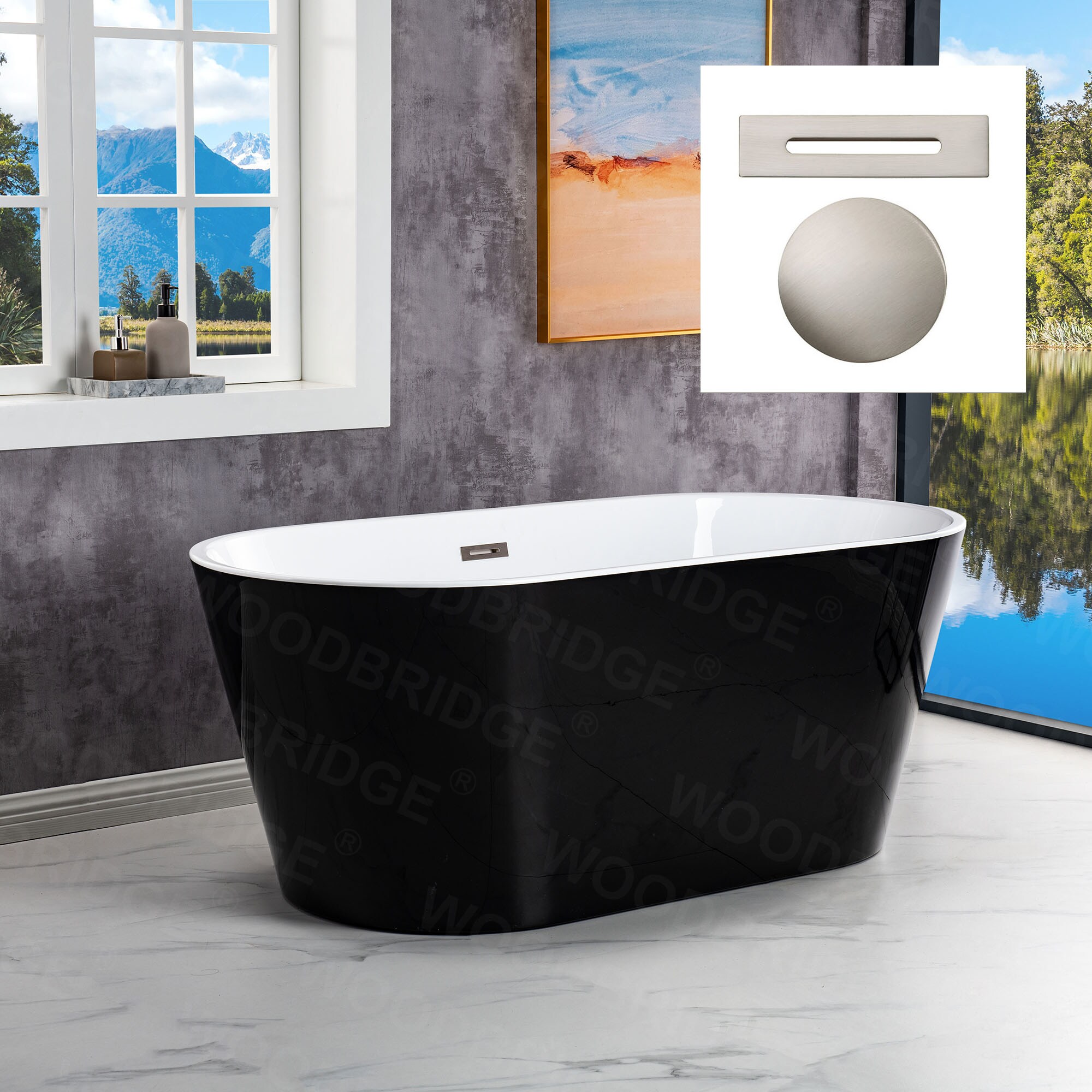 Woodbridge LB285 Kolt 29.5-in x 59-in Black with Brushed Nickel Trim Acrylic Oval Freestanding Soaking bathtub with Drain ( Center Drain )