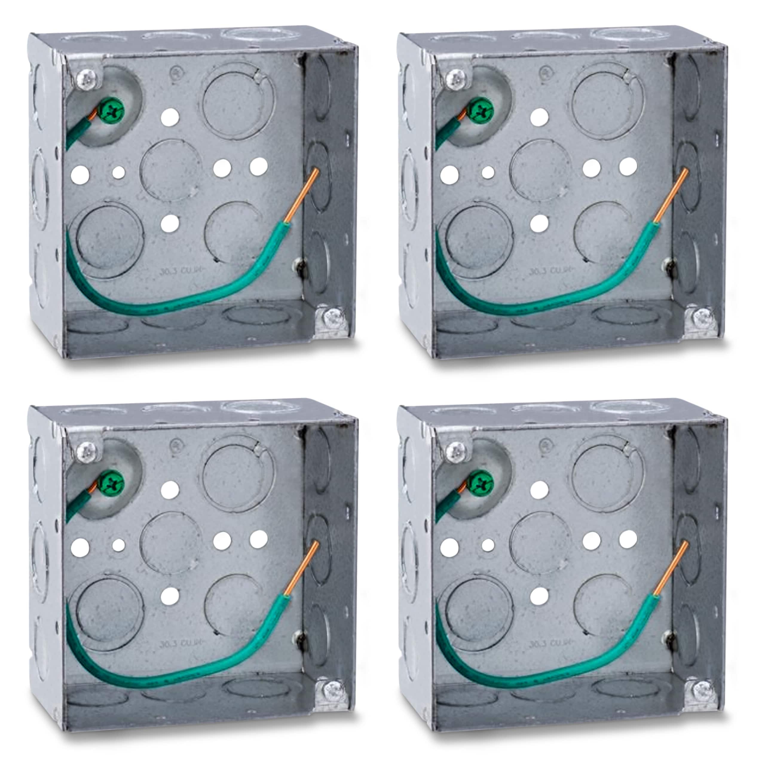 OHLECTRIC  4 Inch Square Welded Boxes 1 1 2 Inch Deep 1 2 and 3 4 Eccentric KO with Raised Ground Emboss 10 32 Ground Screw and 7 1 2 Inch Pigtail Made of Premium Galvanized Steel 4 Pack