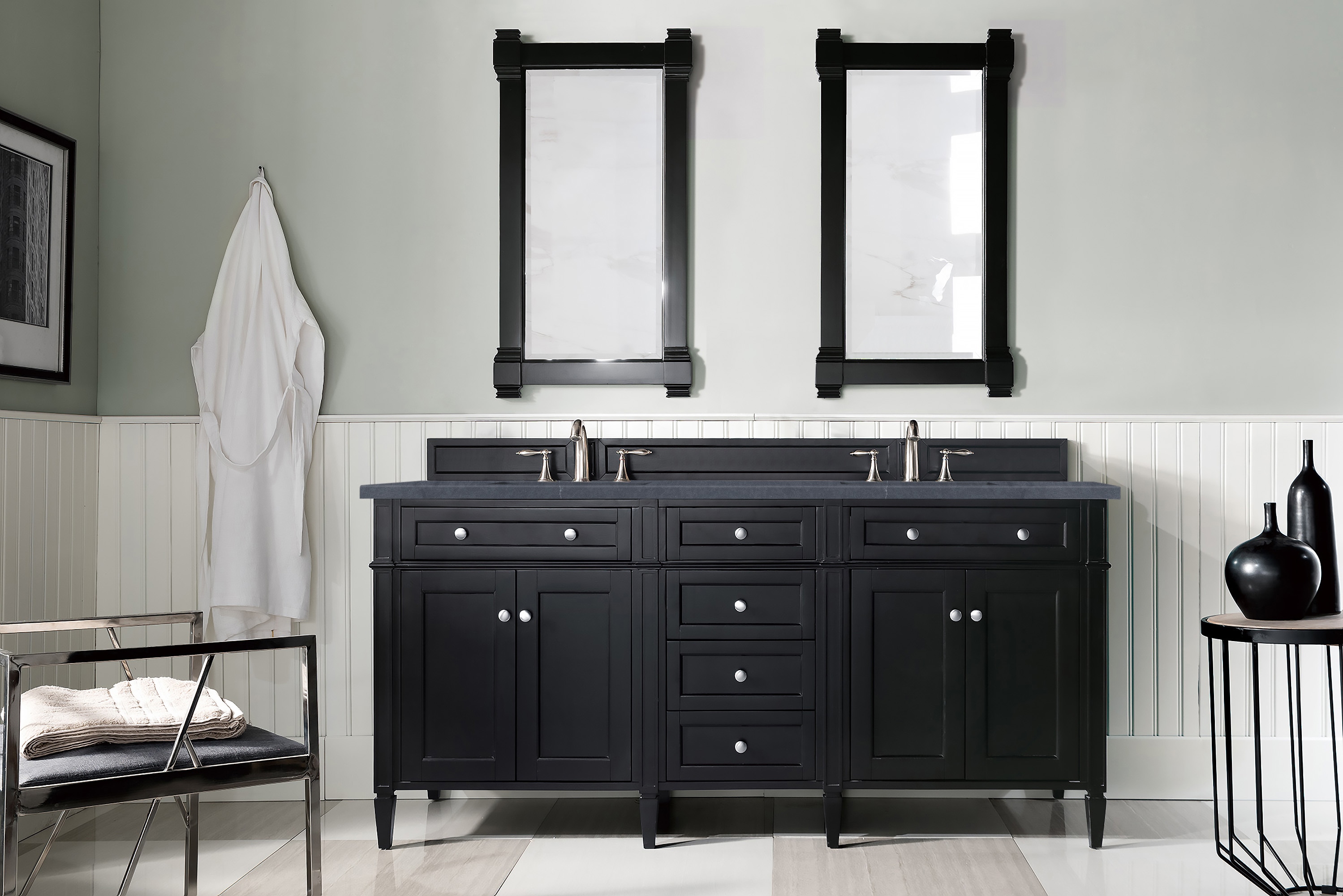 James Martin Vanities 650-V72-BKO-3CSP Brittany 72-in Black Onyx Undermount Double sink Bathroom Vanity with Charcoal Soapstone Quartz Top