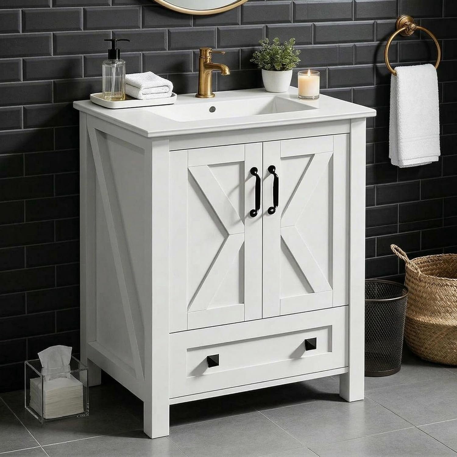 GAOMON 30 Inch Contemporary Bathroom Vanity with Ceramic Sink- Freestanding Vanity Cabinet with 2 Doors and Drawer- White
