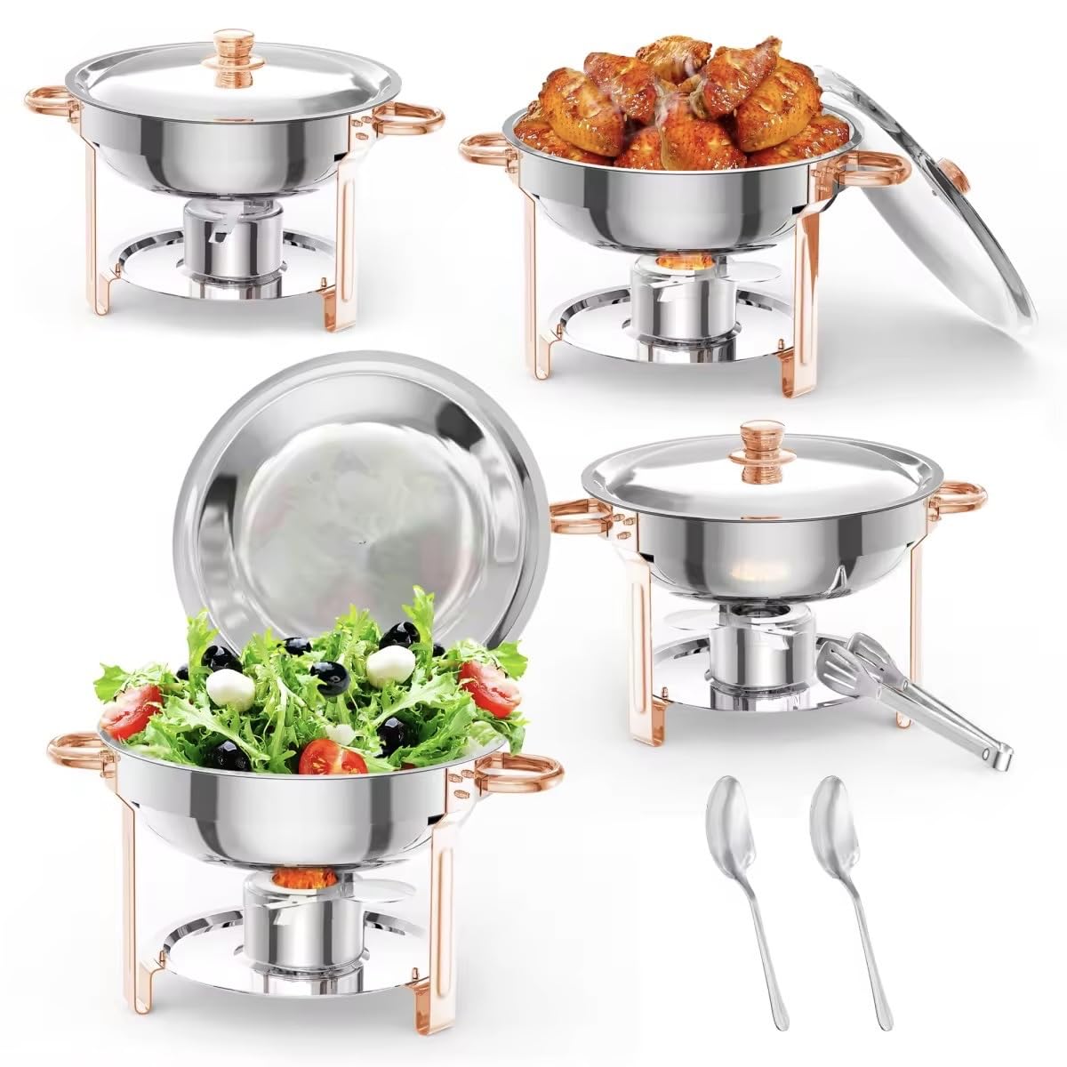 DEXSO 5QT Rose Gold Stainless Steel Round Chafing Dish Set 4 Pack #ENCOREPHOBA9934
