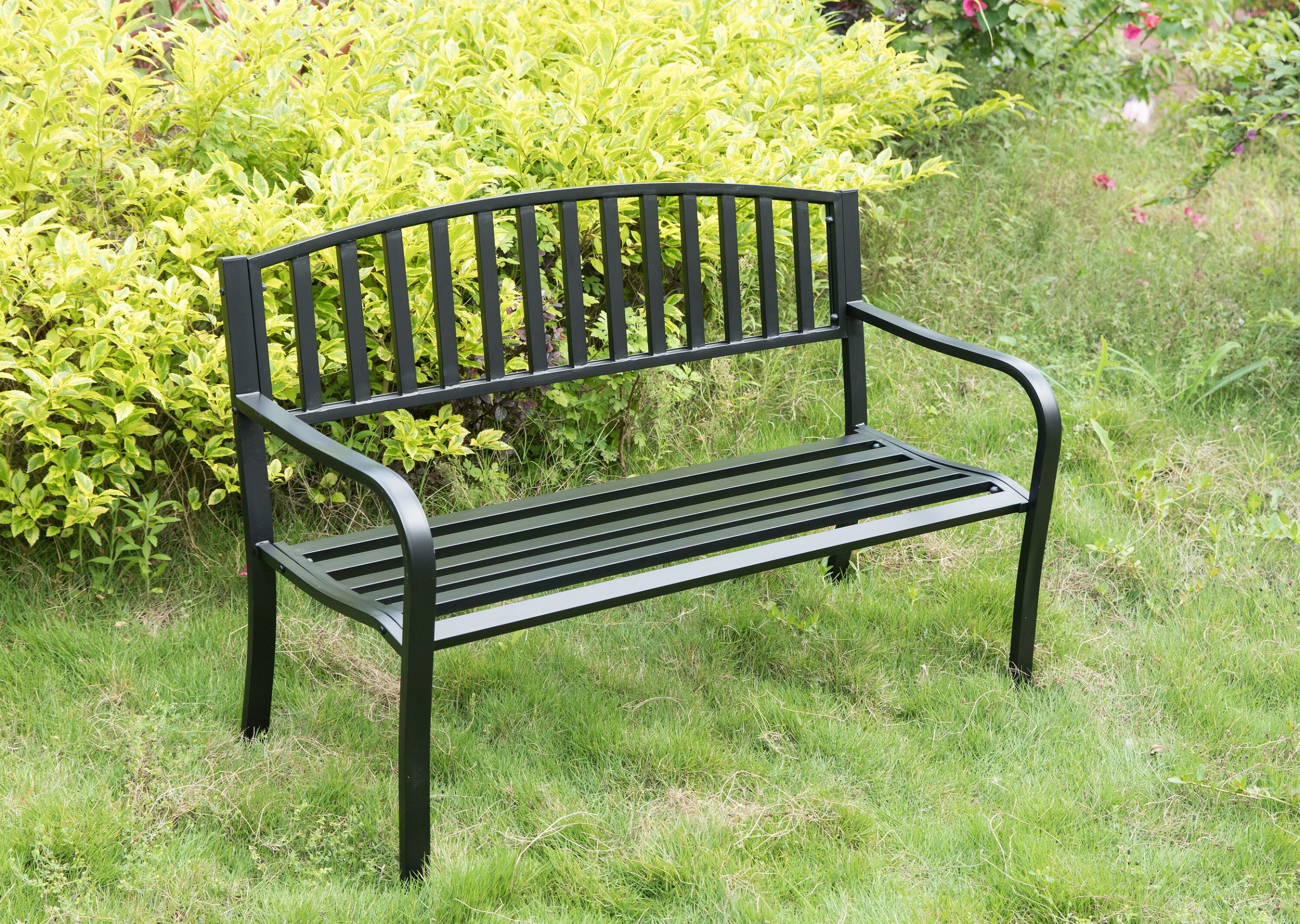 Black Steel Garden Bench with Cast Iron Frame, 52"