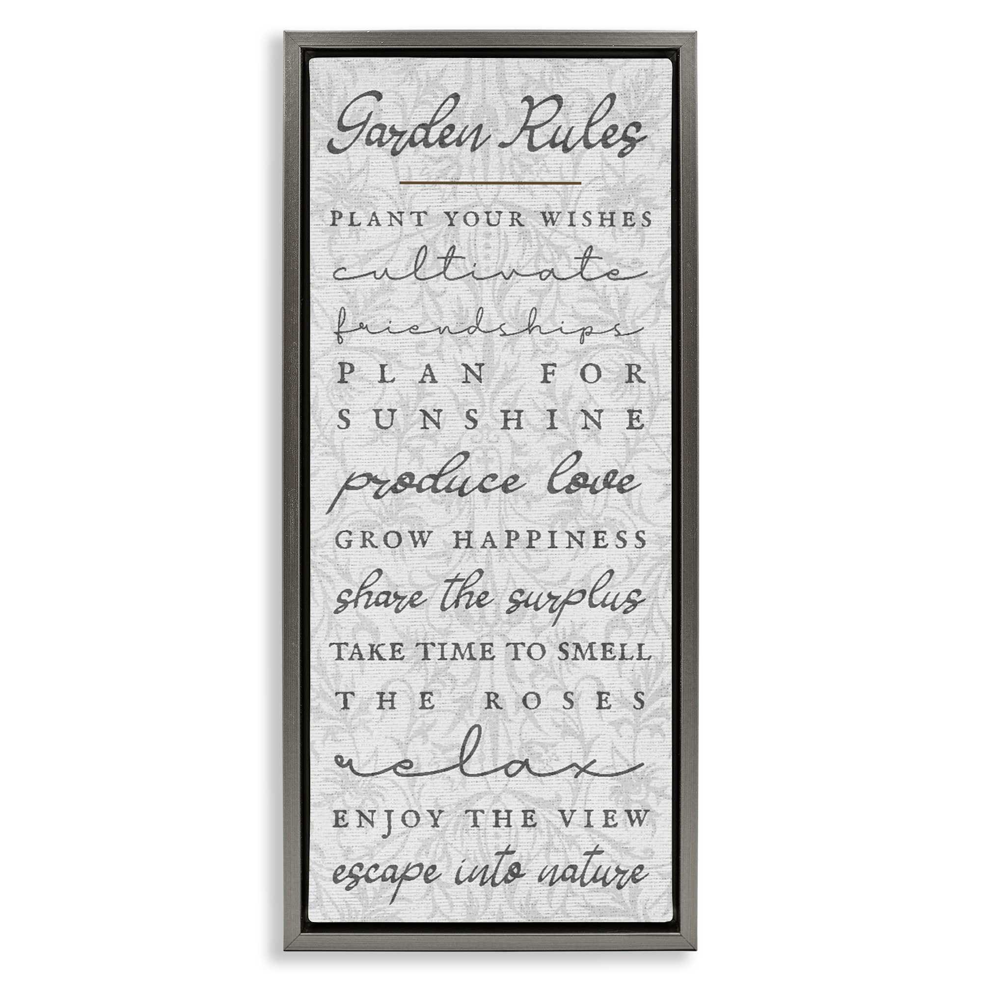 Stupell Industries BT-167-FFL-10X24 Garden Rules on Floral Pattern Gray Framed Floater Canvas Wall Art By Lil' Rue 11 x 25