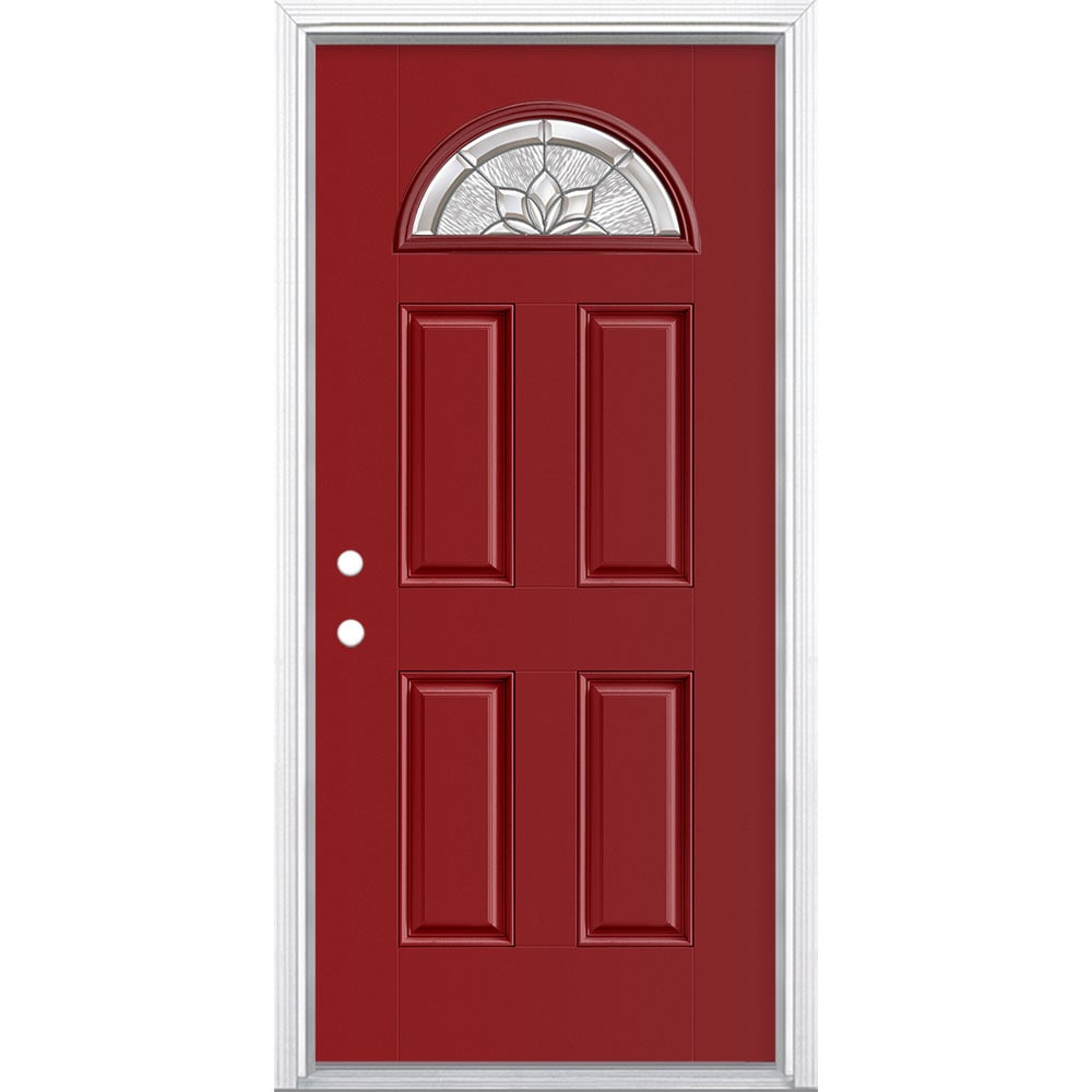 Masonite 3422080 Panama 36-in x 80-in x 4-9/16-in Fiberglass 1/4 lite Right-hand inswing Roma Red Painted Prehung Front Door with Brickmould Insulating core