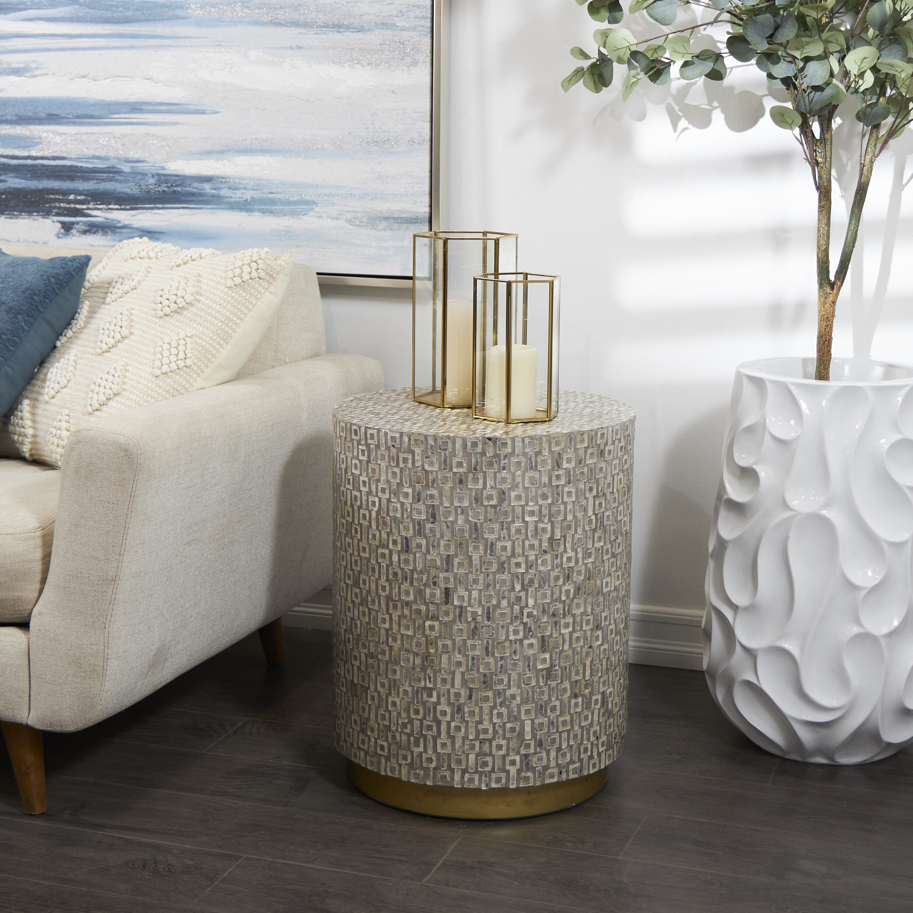 Grayson Lane 74046 18-Inches W x 22-Inches H Gray Mother of Pearl with Gold Base Wood Round Modern End Table
