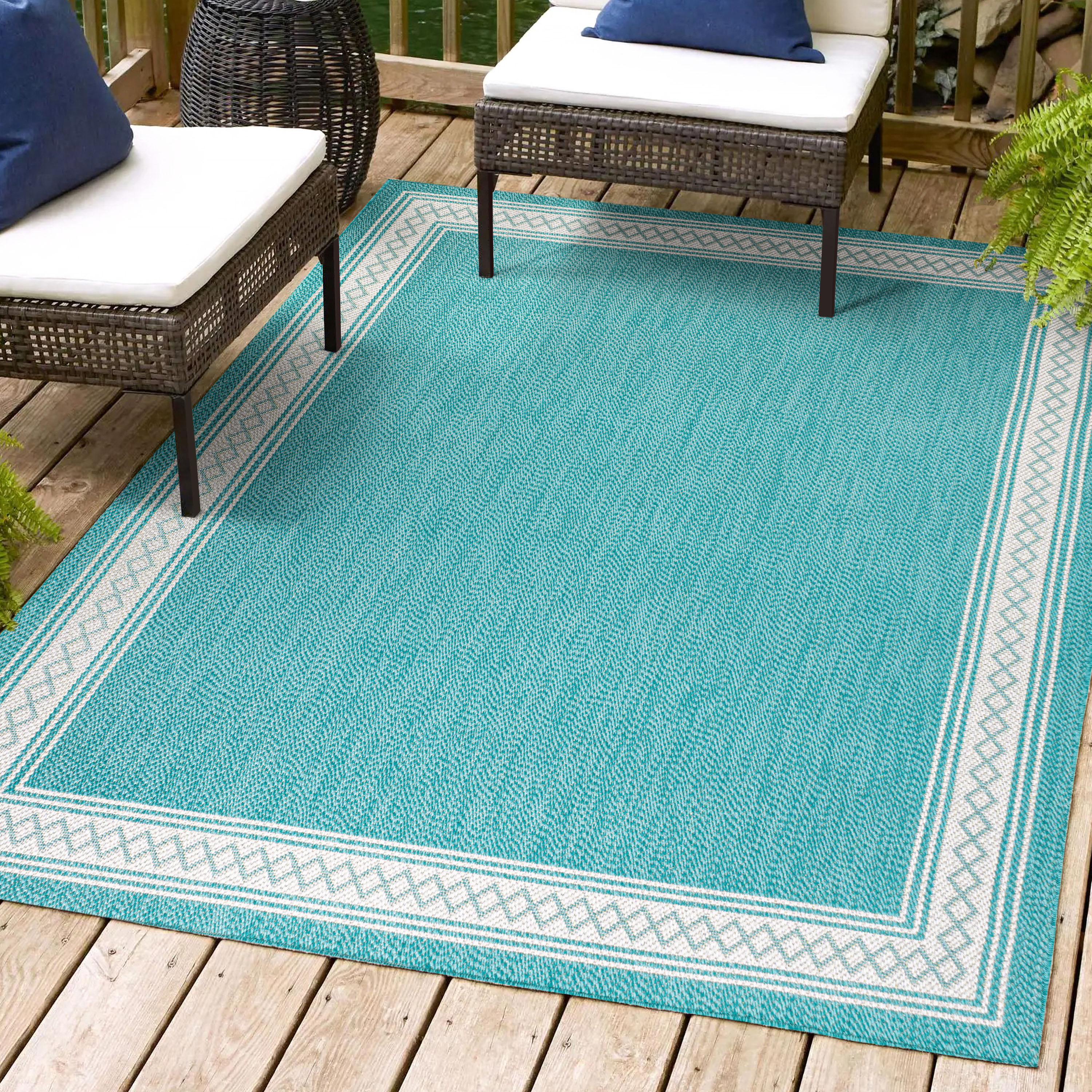 JONATHAN  Y SMB207D-3 Santa Monica Lucia Diamond 3 x 5 (ft) Loomed Polypropylene Aqua/Light Gray Rectangular Indoor/Outdoor Border Farmhouse/Cottage Area rug