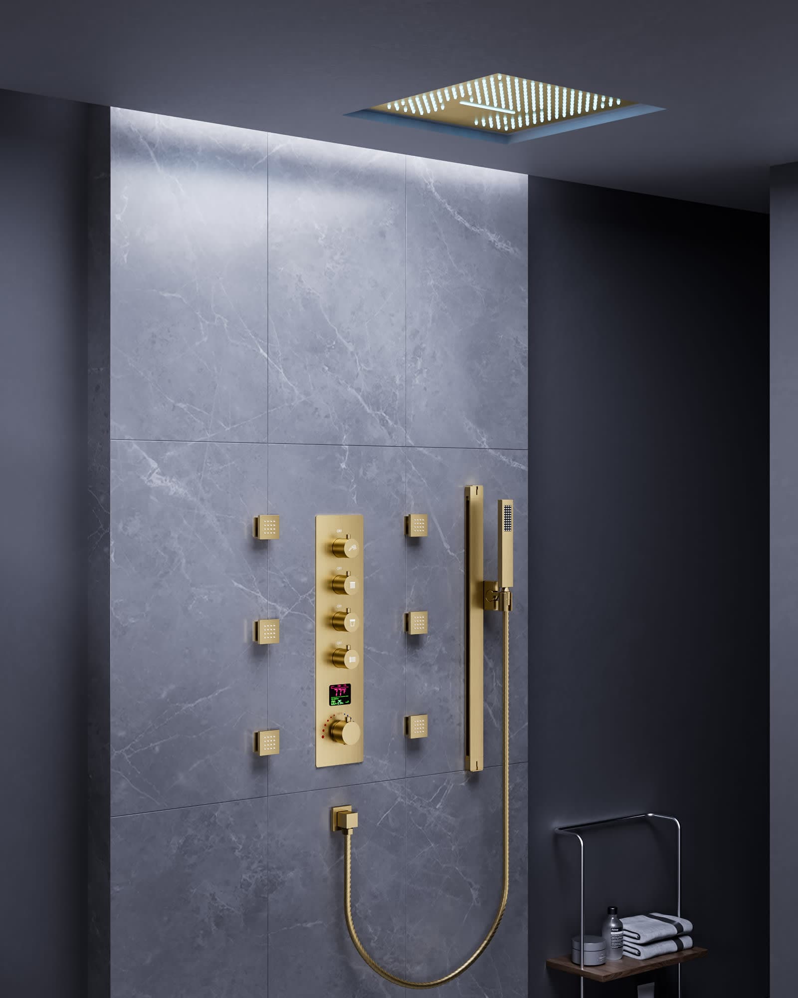 EVERSTEIN SFS-1027-GD16 15-Spray Patterns LED 16 in. Flush Ceiling Mount Fixed and Handheld Shower Head in Brushed Gold