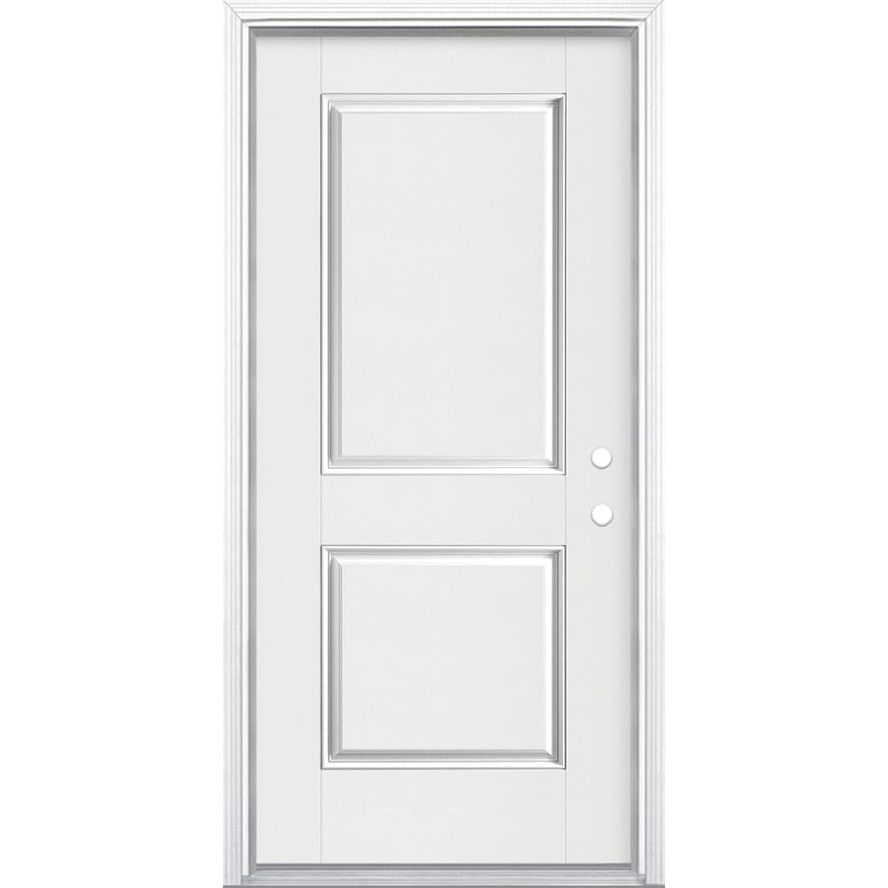 Masonite 1218139 36-in x 80-in x 4-9/16-in Fiberglass No glass Left-hand inswing Arctic White Painted Prehung Front Door with Brickmould Insulating core