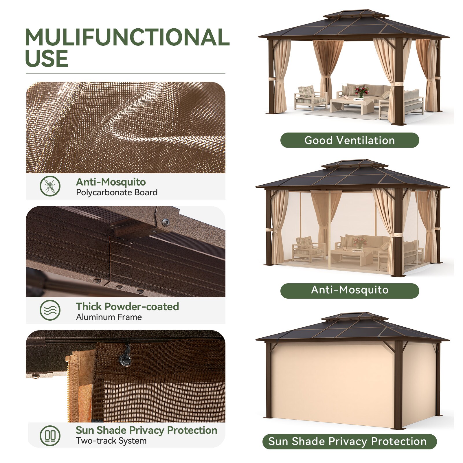 12' x 16' Beige and Black Aluminum Hardtop Gazebo