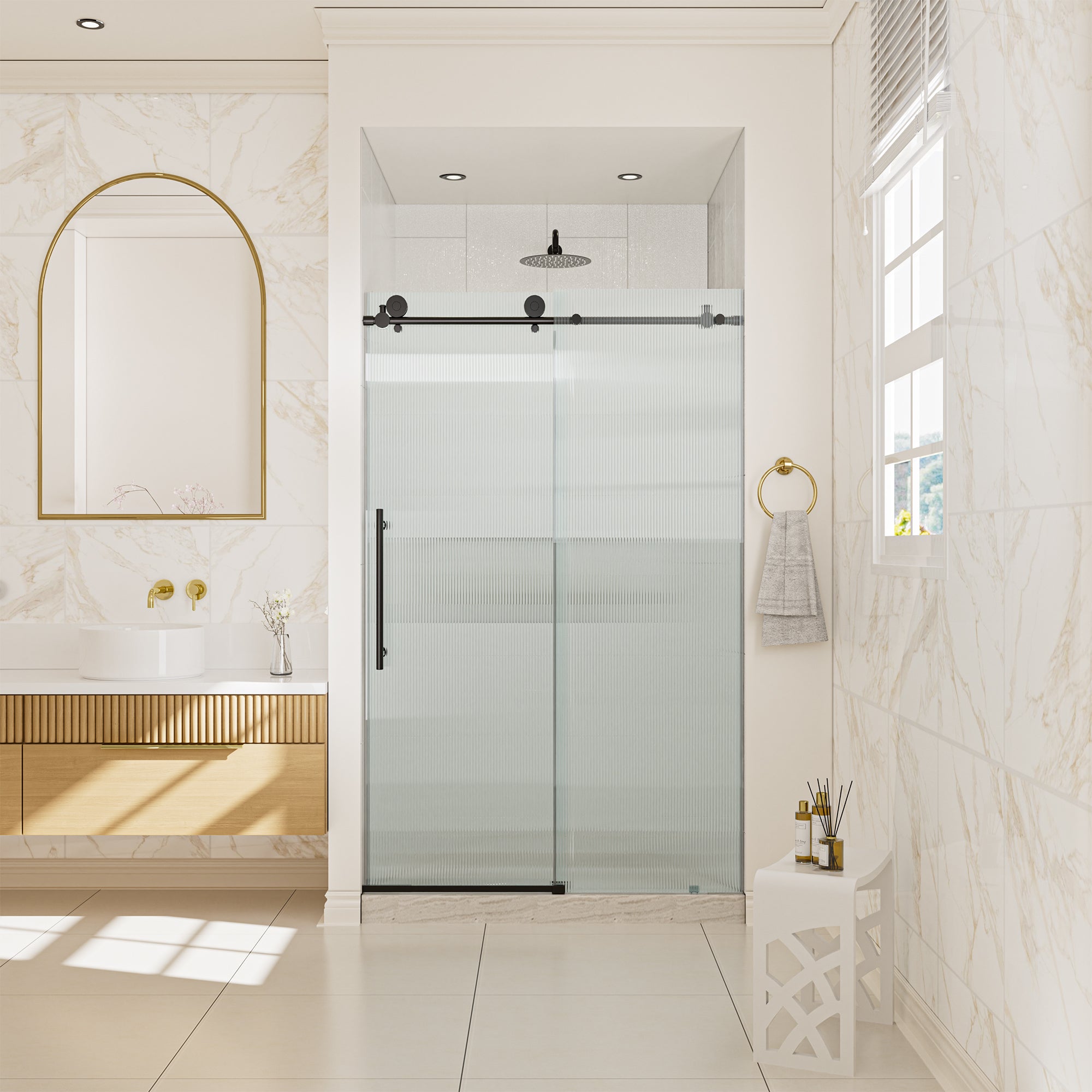 Boyel Living BL13SE014876MB 48 in. W x 76 in. H Framless Single Sliding Shower Door in Matte Black with 3/8 in. Fluted Glass