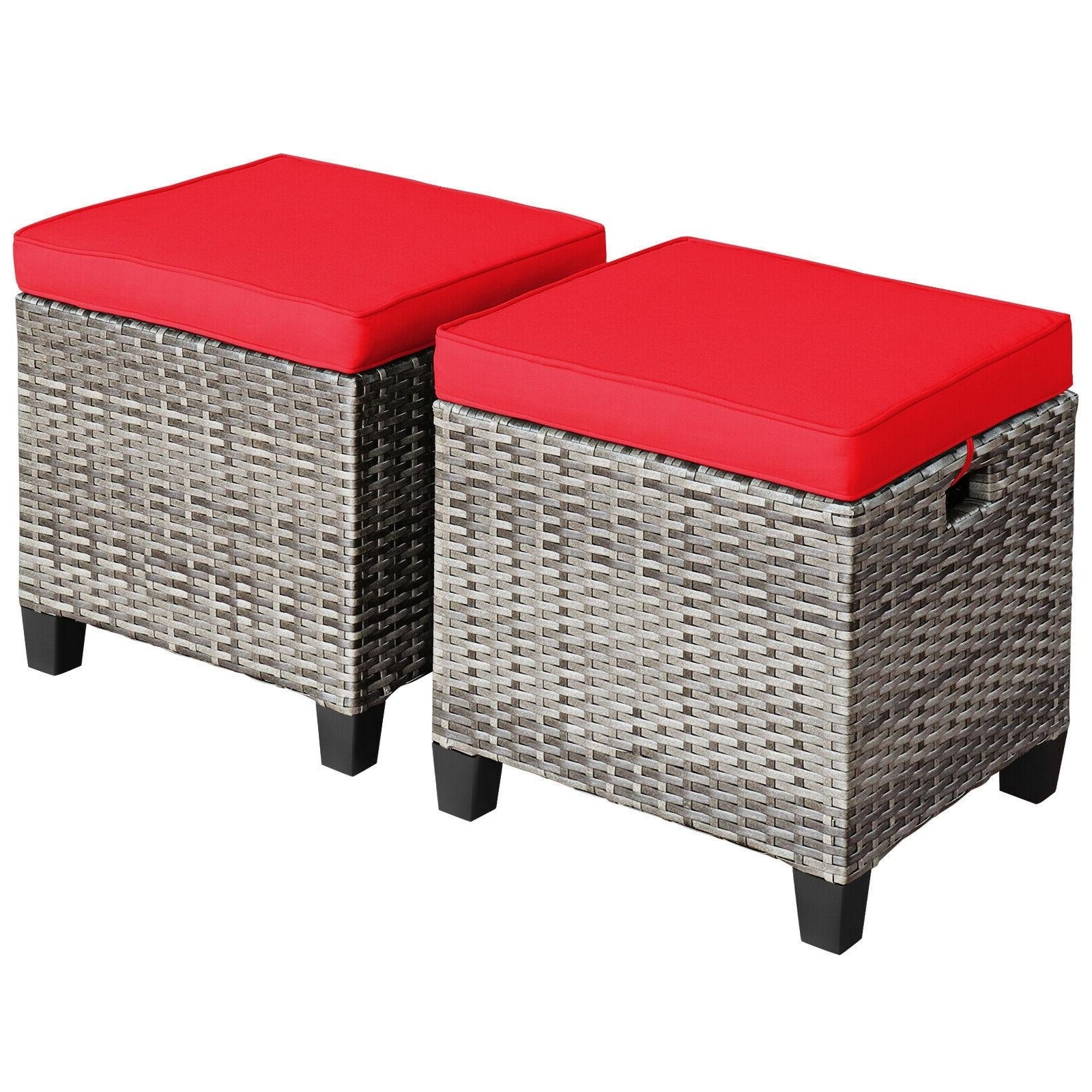 Slickblue D-CO-ER86576WH 2PCS- Outdoor Mix Gray PE Rattan Square Ottoman with Turquoise/ Red Cushions for Patio Balcony Garden Poolside Seating