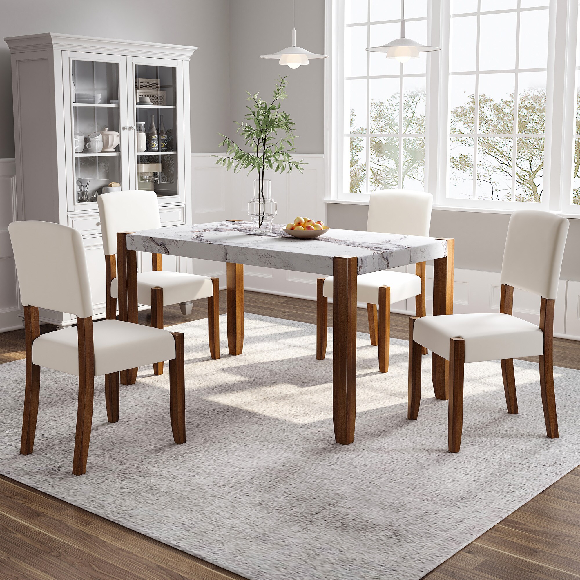 GDFStudio 323252 5-Piece Modern Dining Furniture Set 4-Person Space-Saving Dinette for Kitchen 46inch Faux Marble Style Table and 4 Upholstered Chairs with Solid Rubberwood Legs
