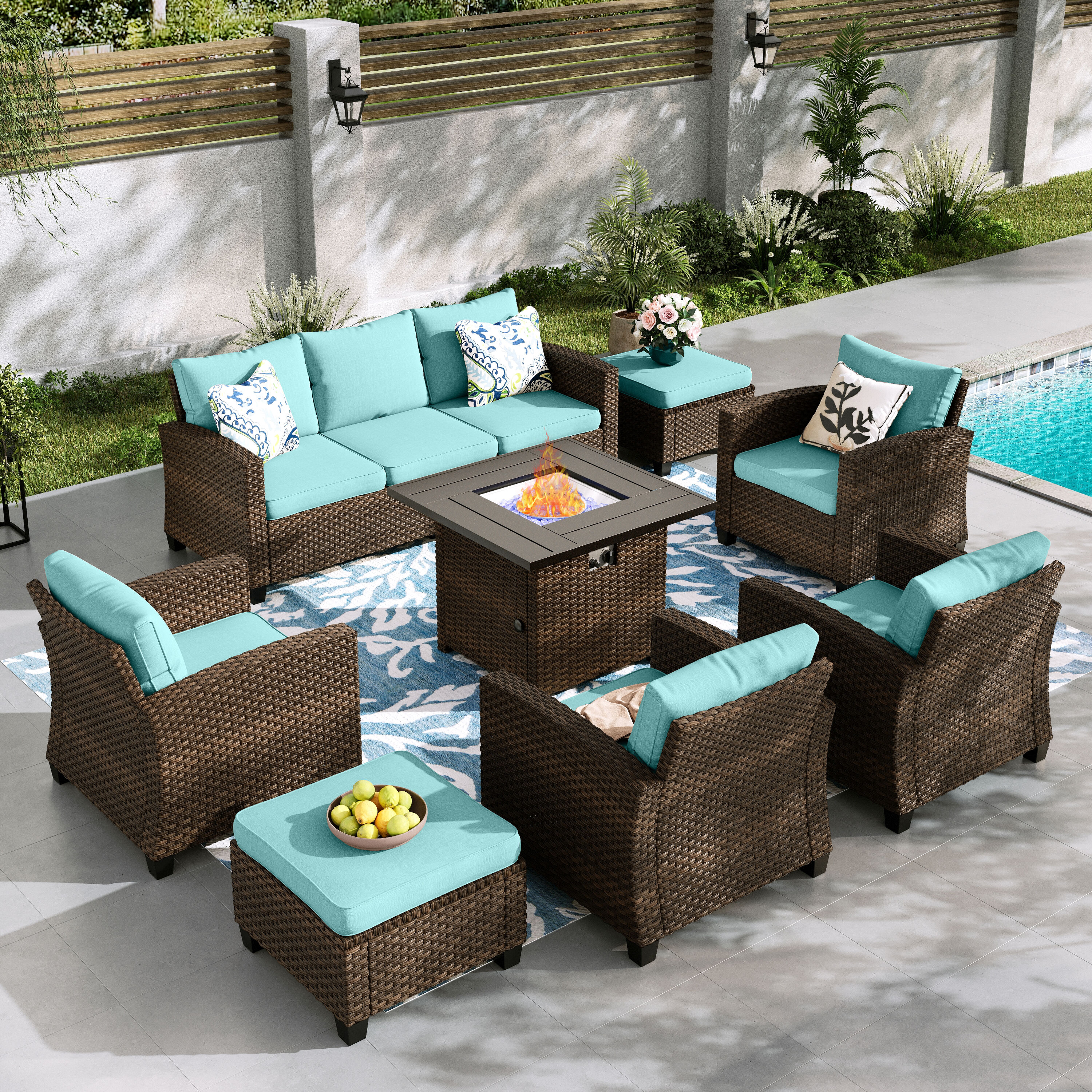 Sunshine Valley CR007-04-9-BU-GS102 Patio Furniture Set with Fire Pit 8 -Piece Wicker Patio Sofa Conversation Set with Blue CUSHION PRO Cushions