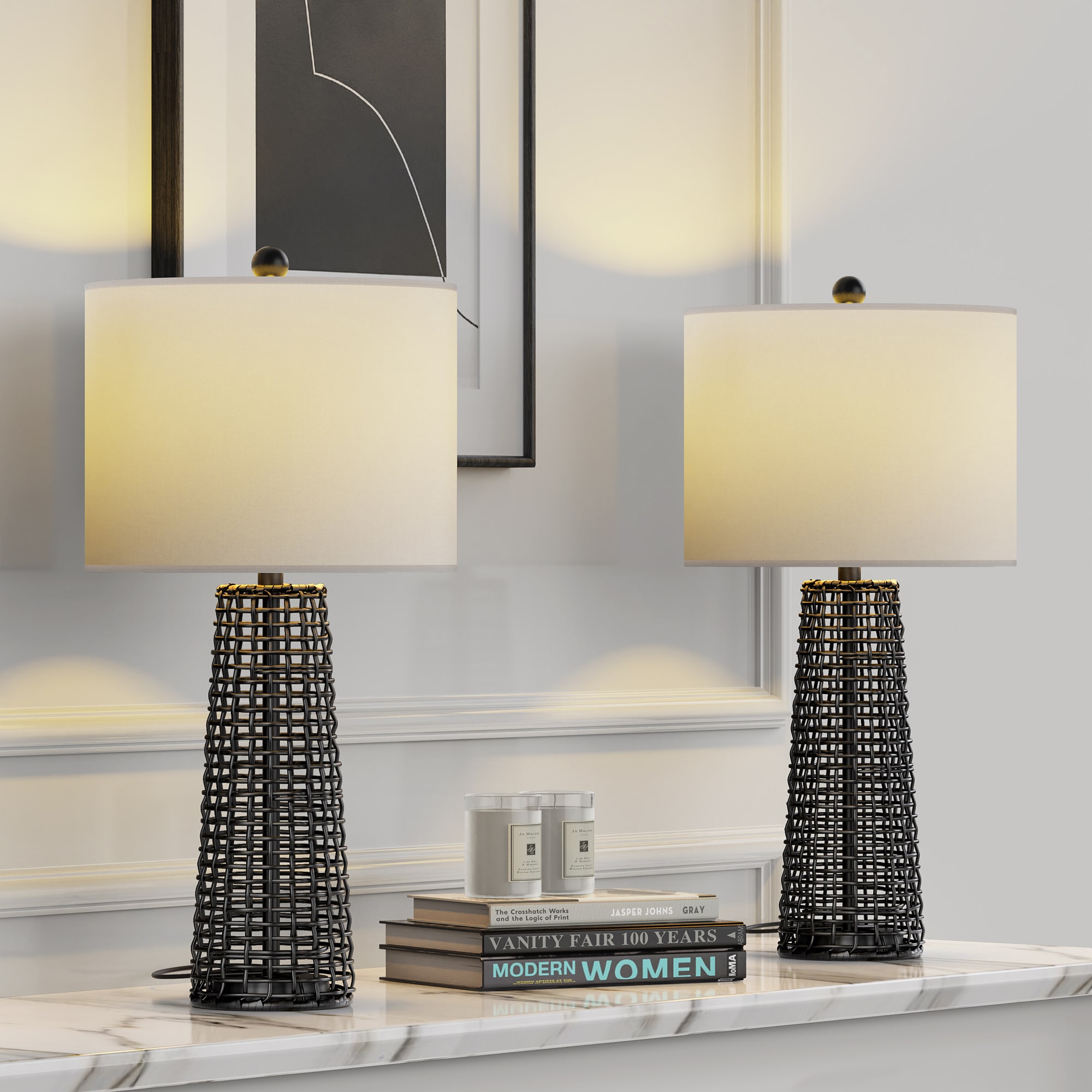 Maxax T212-BK Deluxe 26.5-in Black LED Incandescent Rotary socket Table Lamp with Linen Shade 2 -Set