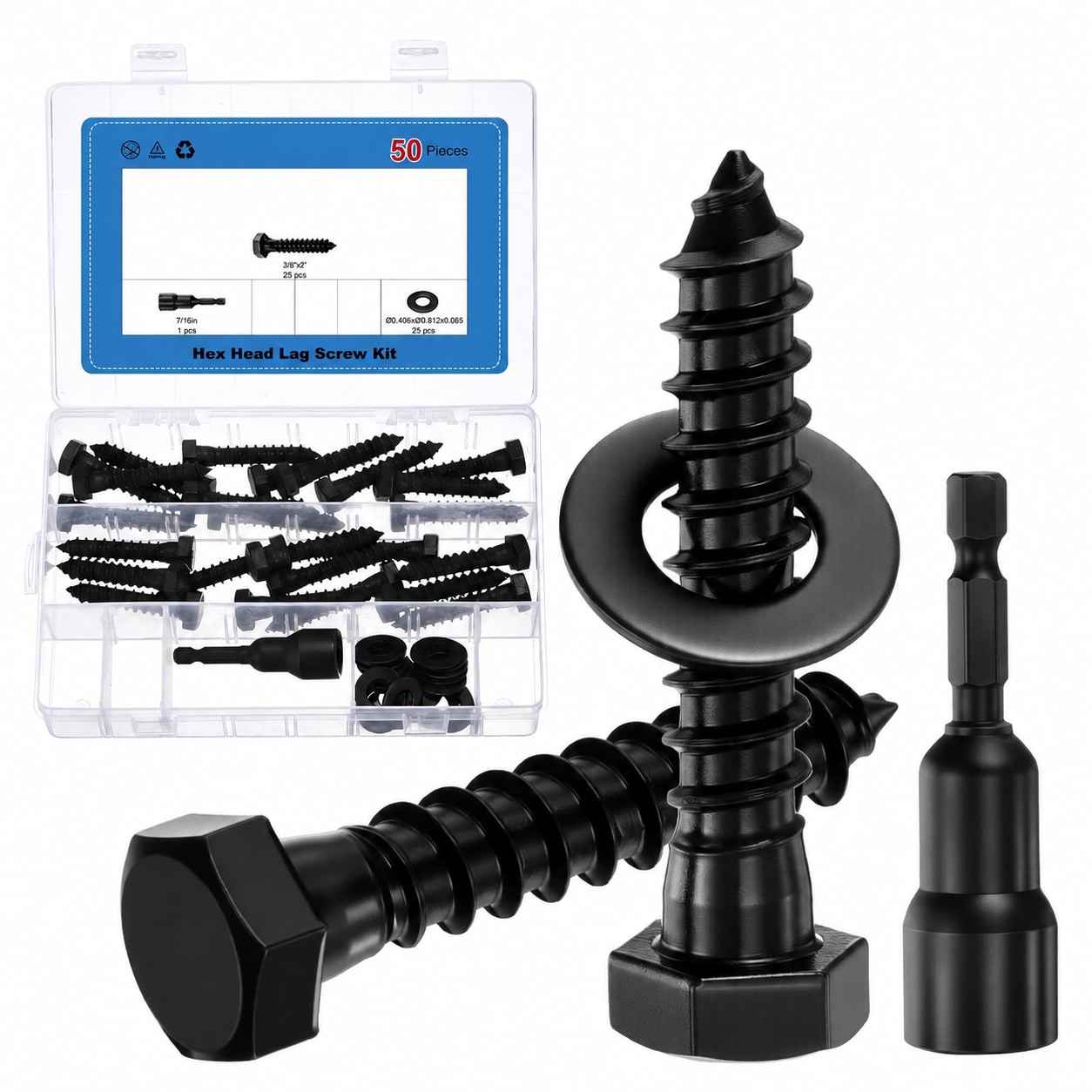 AKSCYZM  Hex Head Lag Screw Set 3/8x2 Inch Stainless Steel 25 Pieces with Washers and Driver Bit Heavy Duty Wood Screws for Deck Fence Furniture