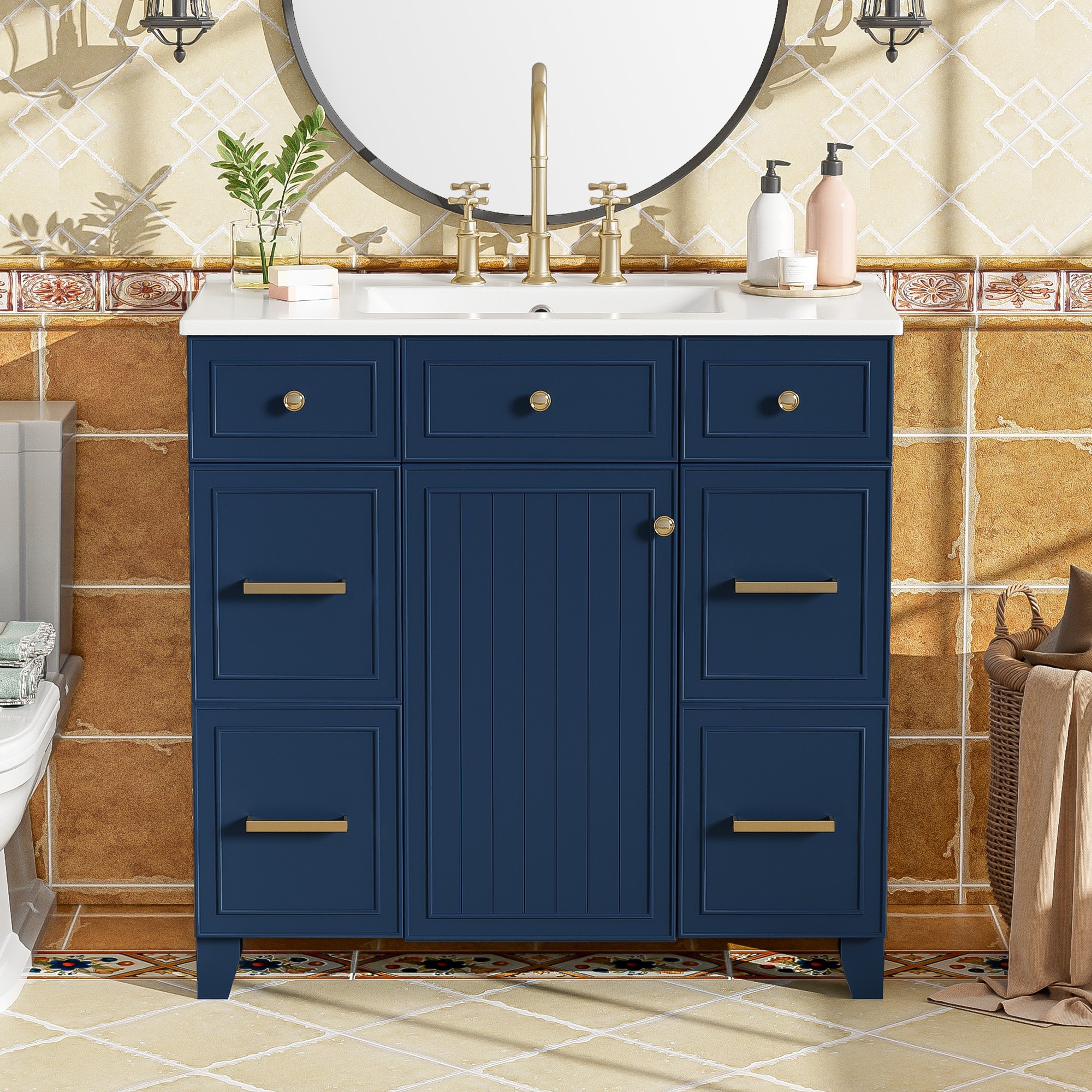 Dexmalle N729P255663C 36-in Navy Blue Freestanding Single Sink Bathroom Vanity with White Top and Drawers