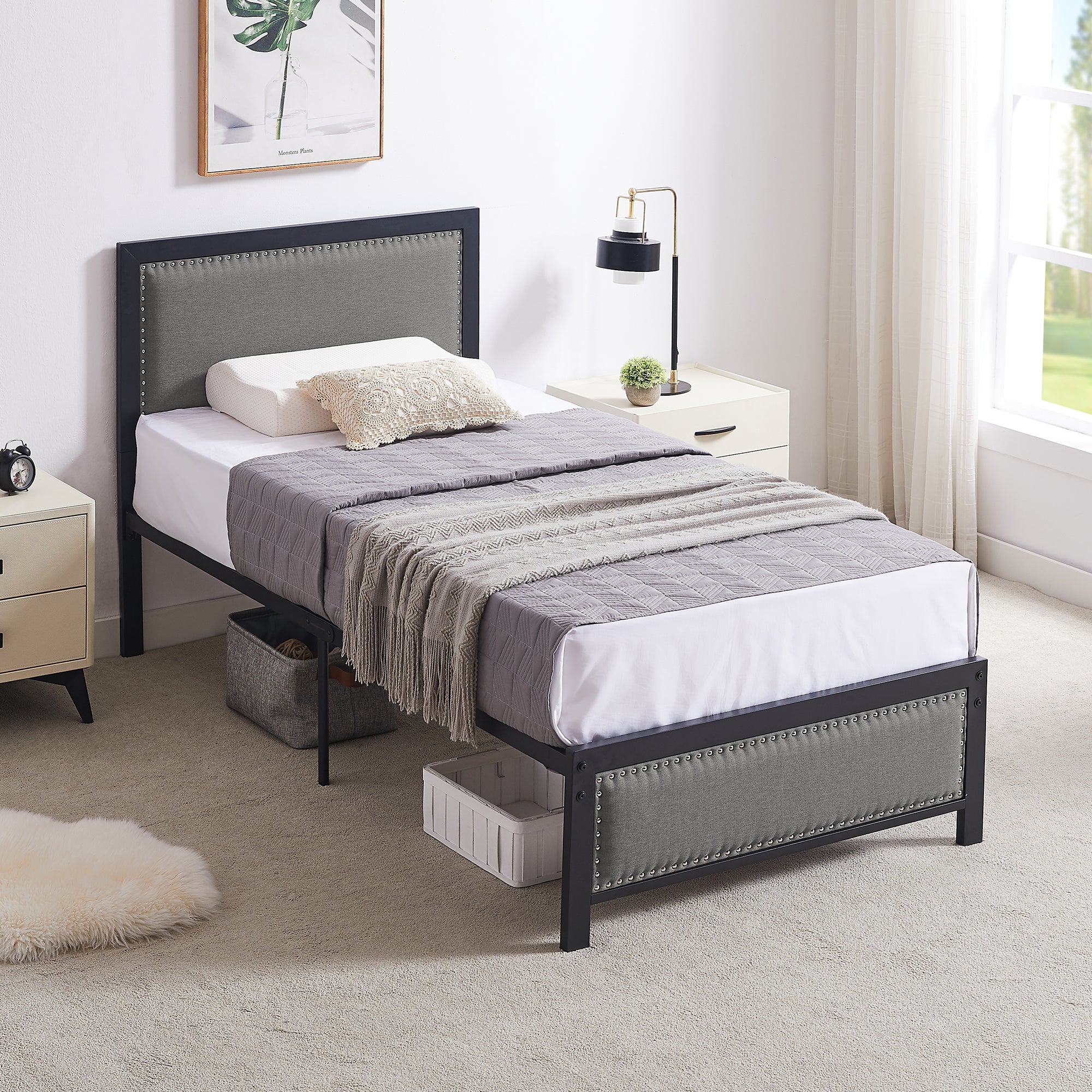 Vecelo LOE-T35-GRY Twin Size Bed Frame Metal Platform with Upholstered Headboard Footboard Gray