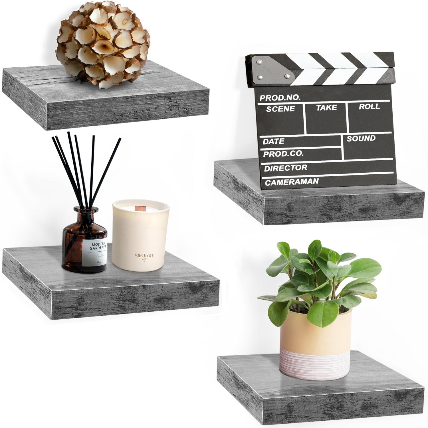 SORBUS WD-TIL4-GRW 9.25-Inches L x 9.25-Inches D x 1.5-Inches H Gray Wood Rectangular Floating shelf 4 Decorative Shelves