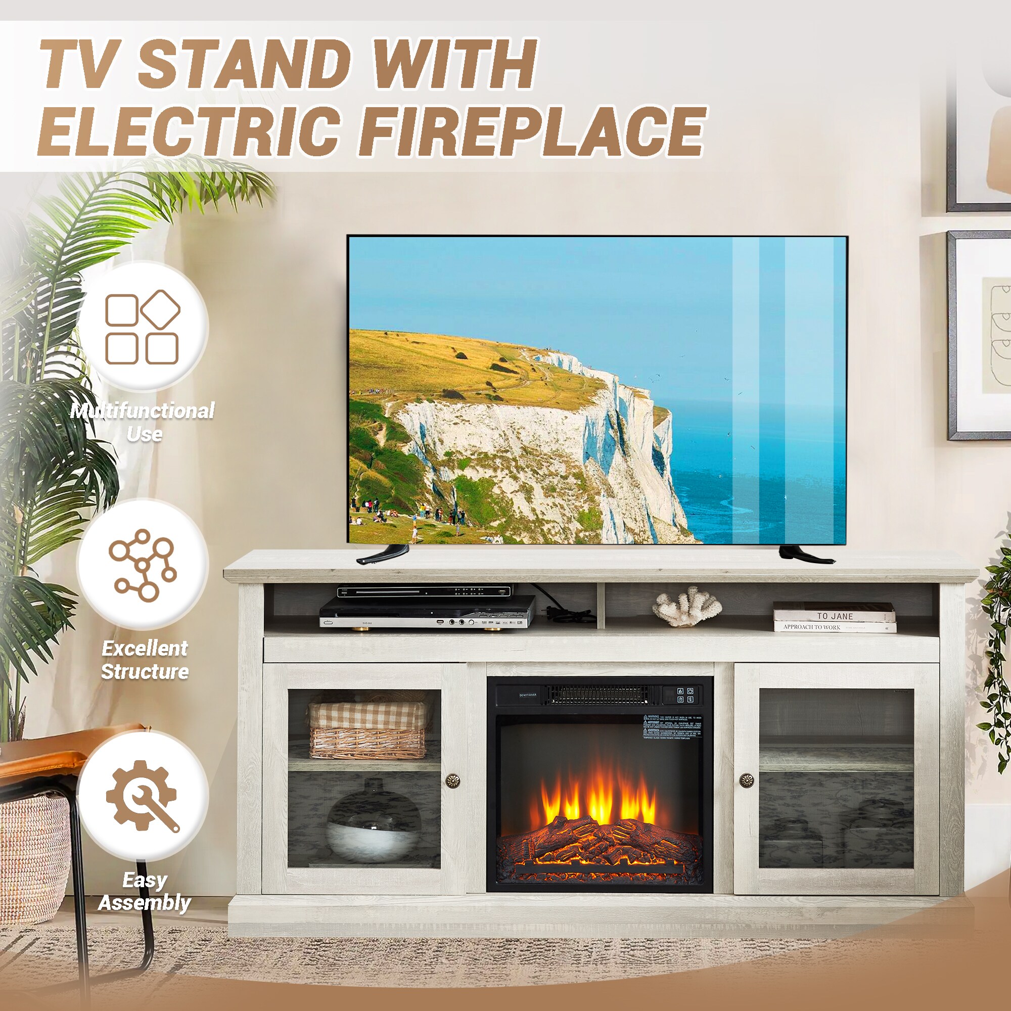 Electric fireplace tv stand with stone discount