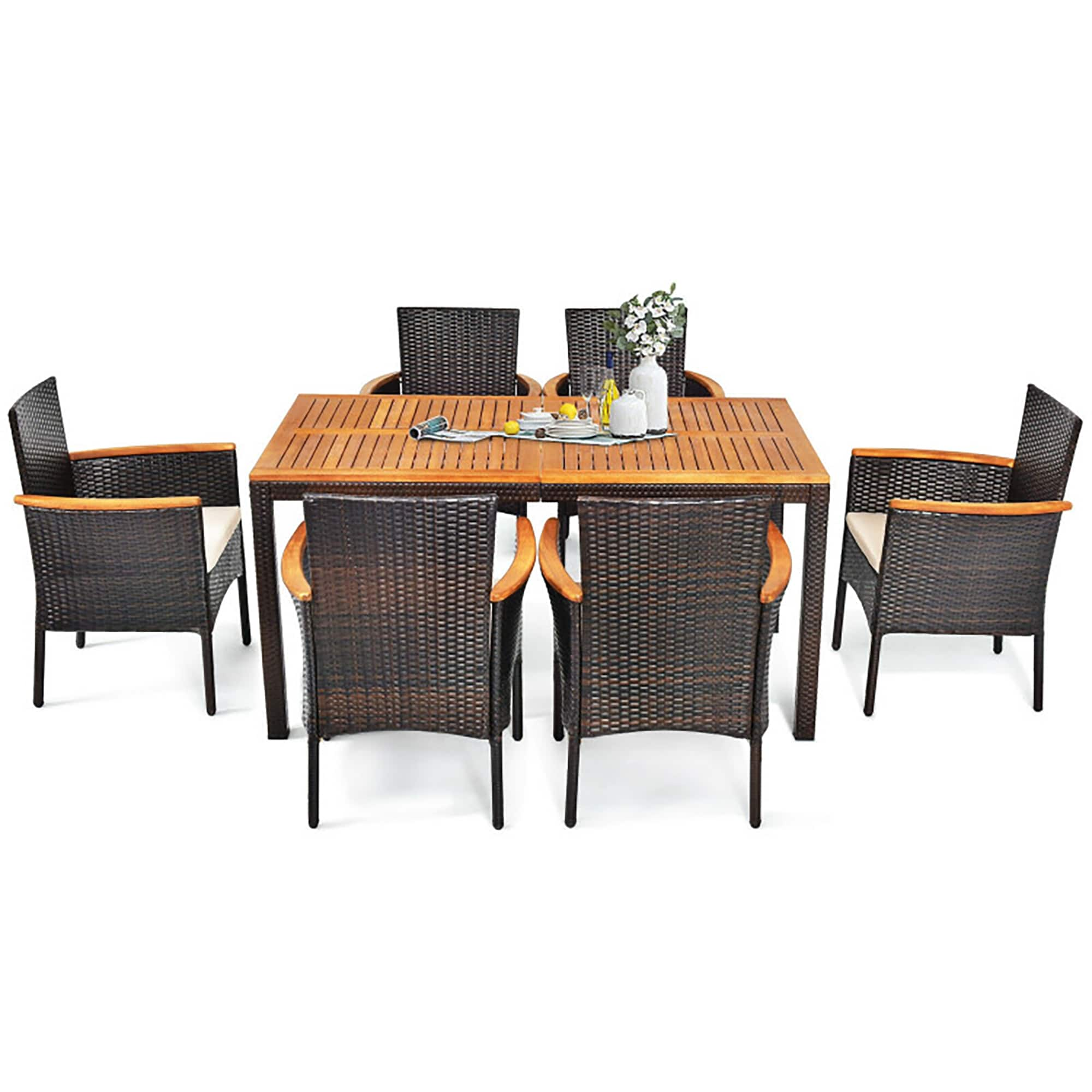 CASAINC Rattan Dining Set With Umbrella Hole 7-Piece Black Rattan Patio ...