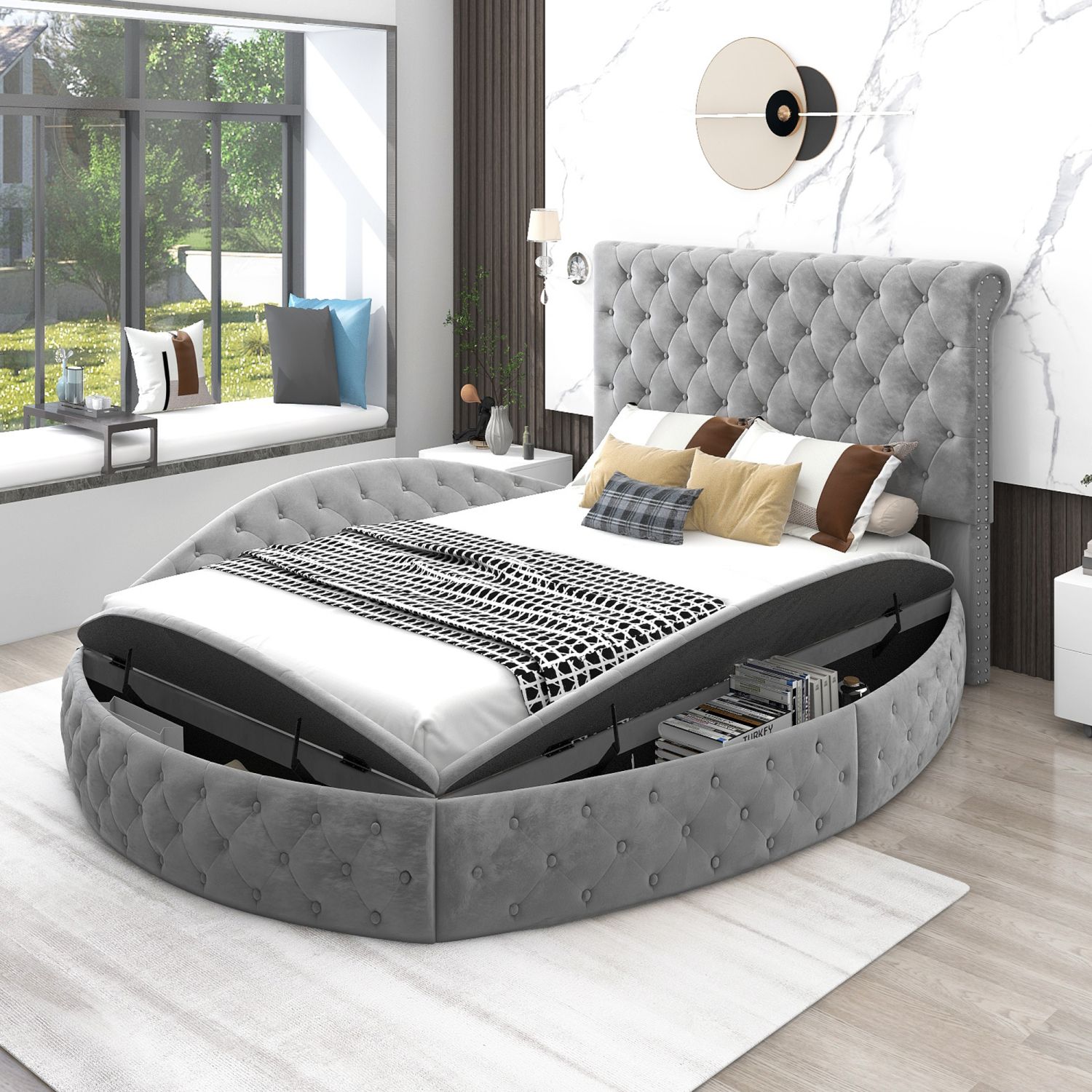 JASMODER GX001505AAE Gray Full Composite Platform Bed with Storage