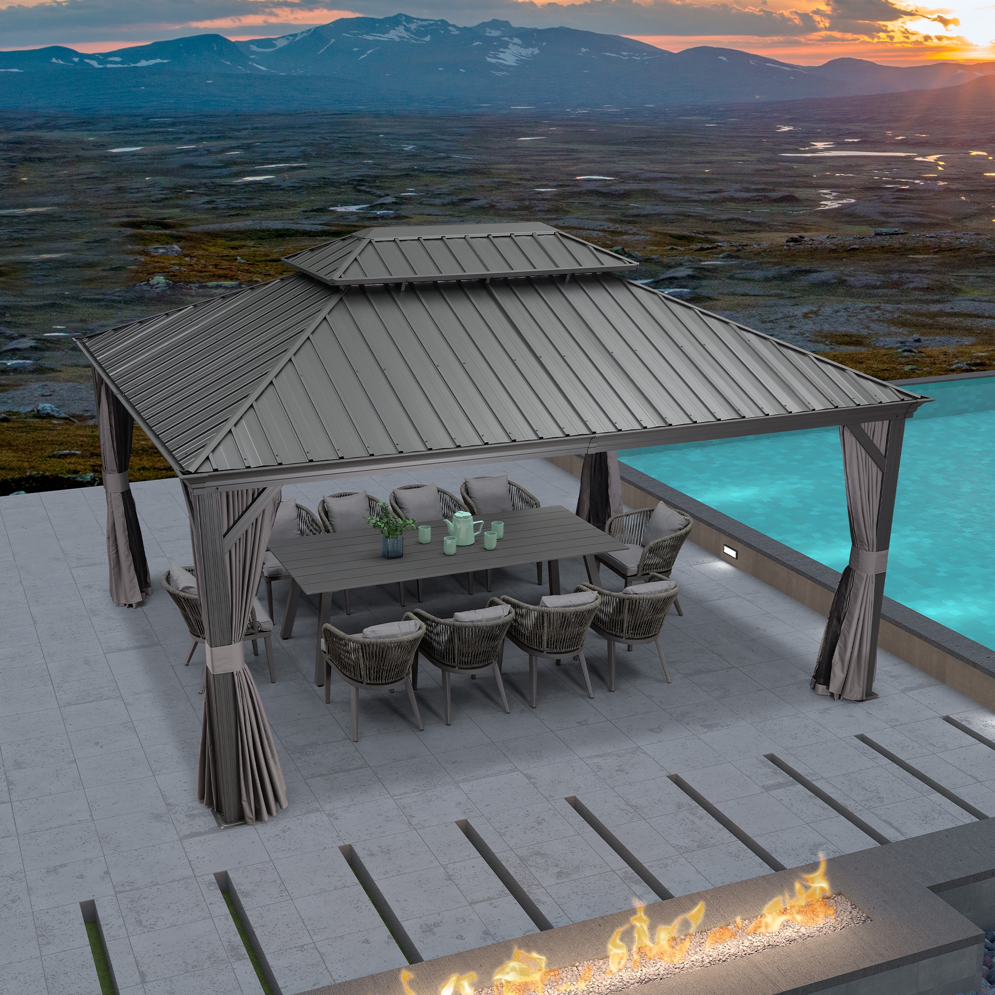 16-ft x 12-ft Gray Aluminum and Steel Hardtop Gazebo with Screen