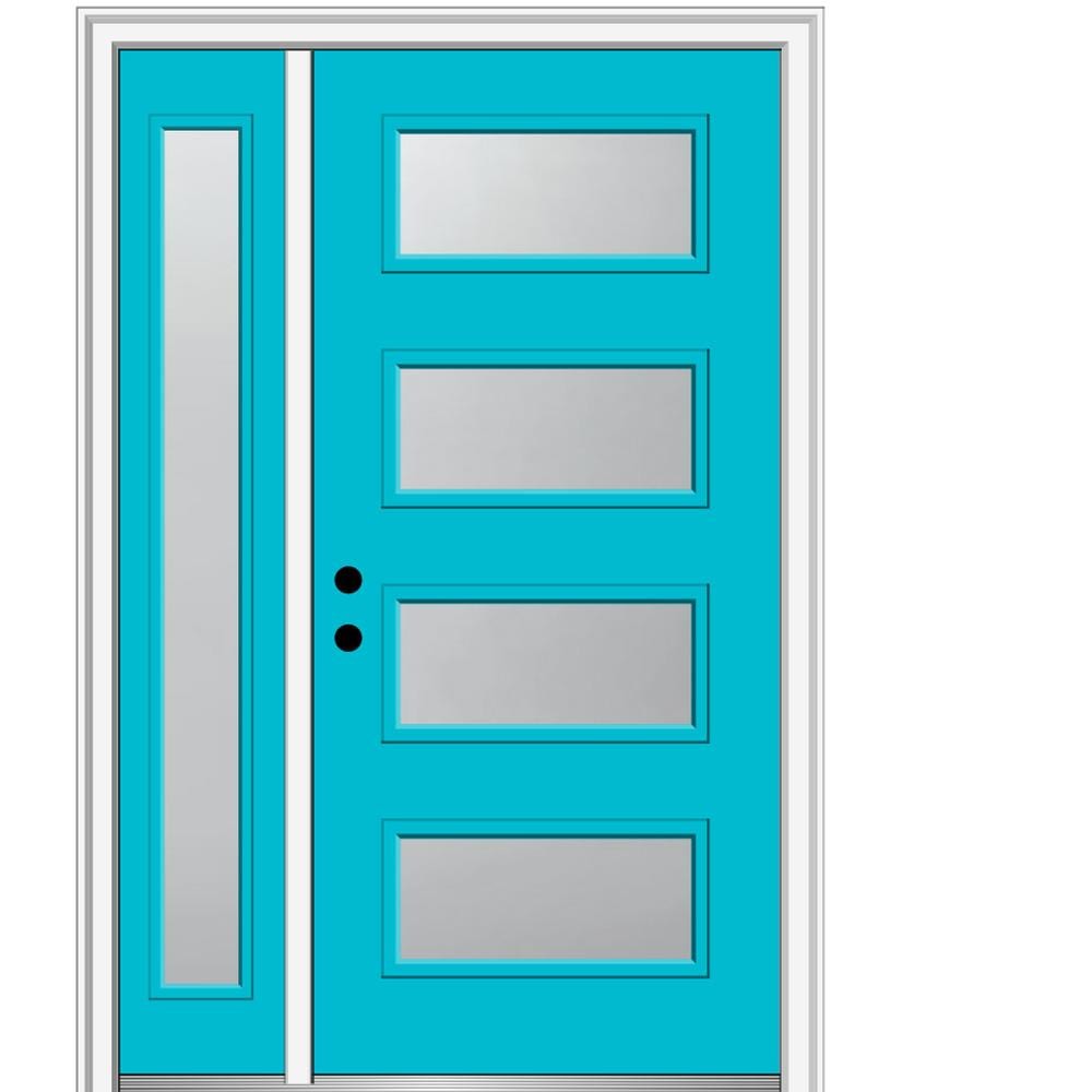 MMI DOOR ZZ346900R Spotlights 48-in x 80-in x 4-9/16-in Fiberglass Pulse lite Right-hand inswing Bahama Blue Painted Prehung Front Door with Left Sidelight with Brickmould Insulating core