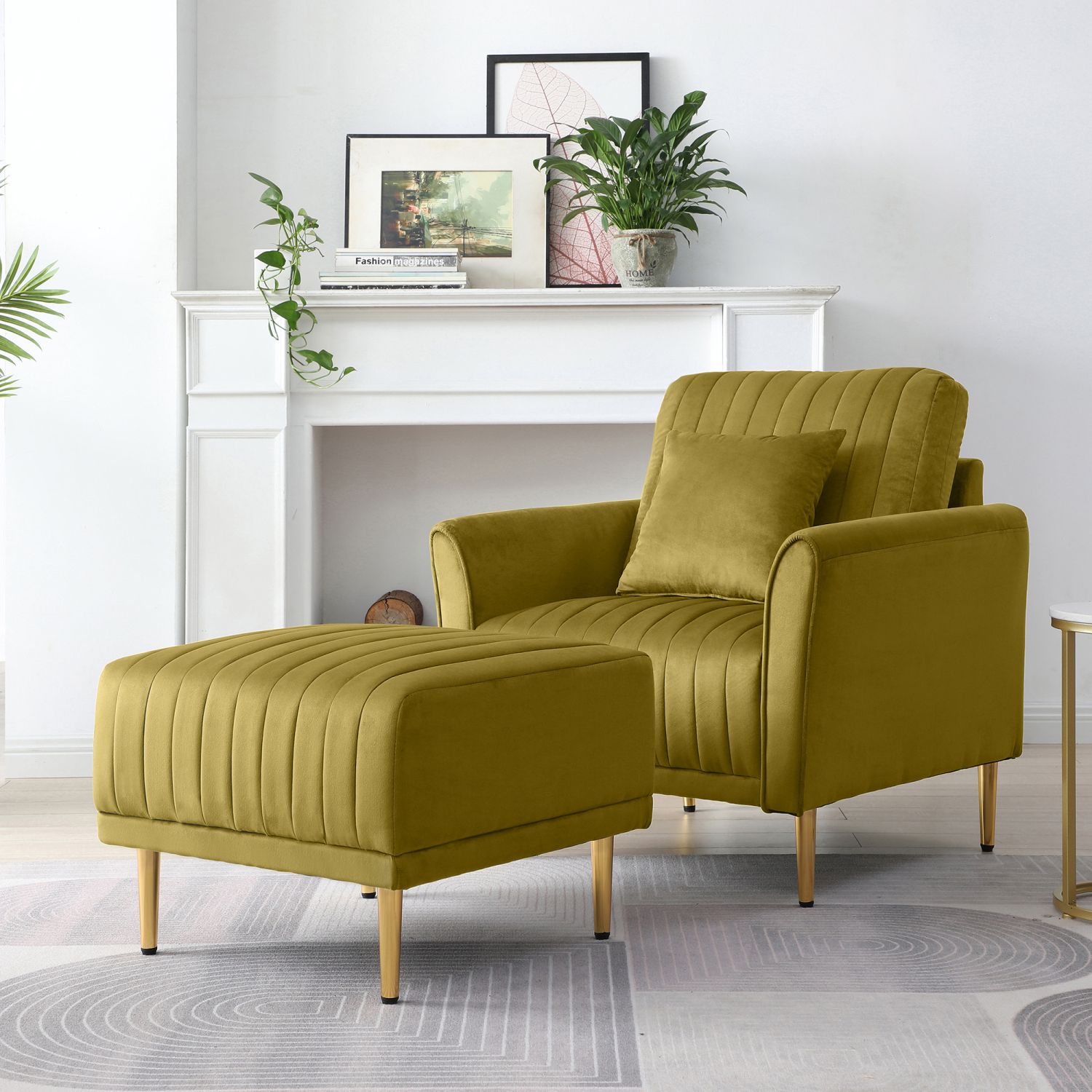 JASMODER W714S00020 Modern Accent Chair With Ottoman Set, Comfy Lounge Chair With Footrest, Leisure Barrel Armchair For Living Room, Bedroom, Home Office Yellow