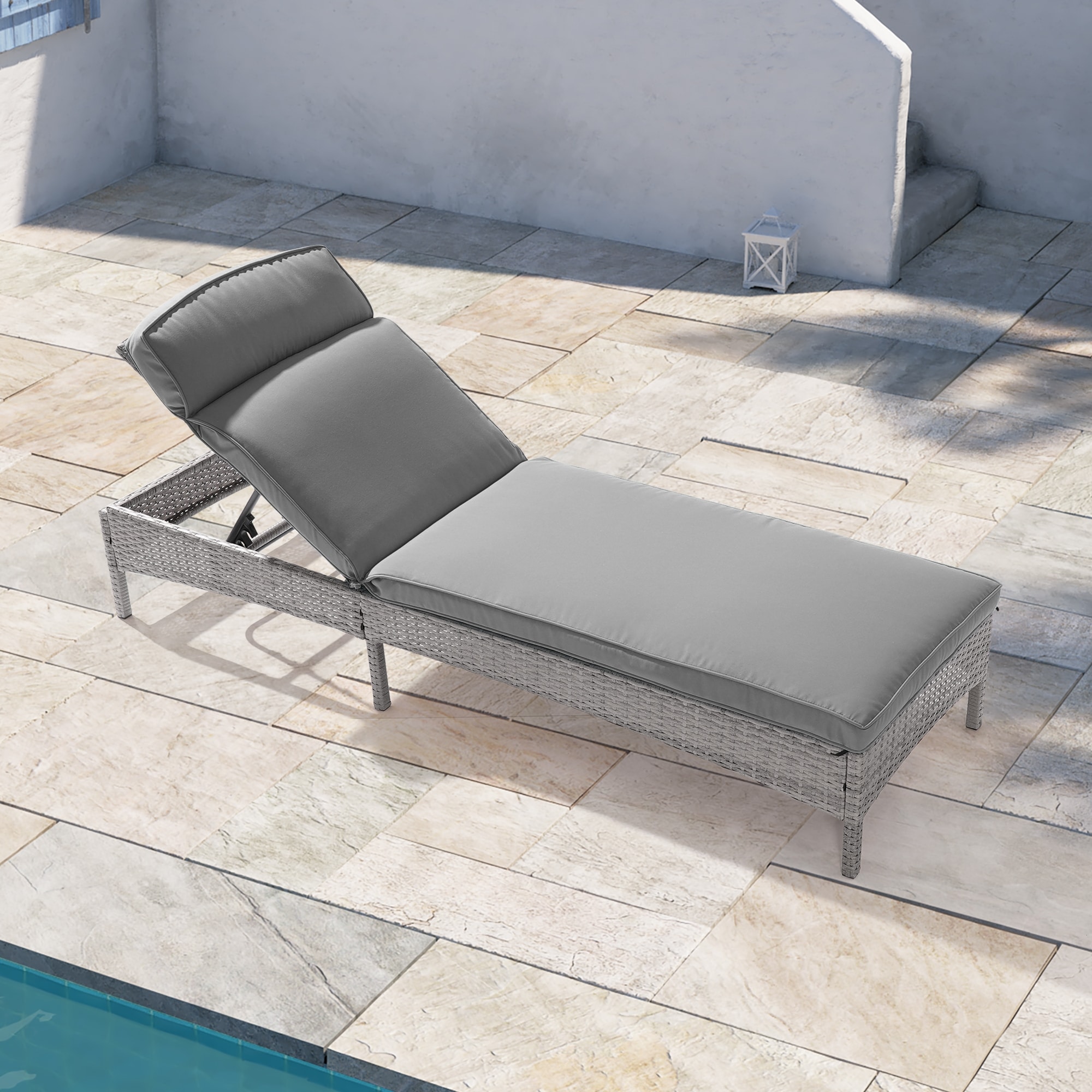 ACEGOSES LW-723-GY Patio chairs Wicker Gray Steel Frame Stationary Chaise Lounge Chair with Gray Cushioned Seat