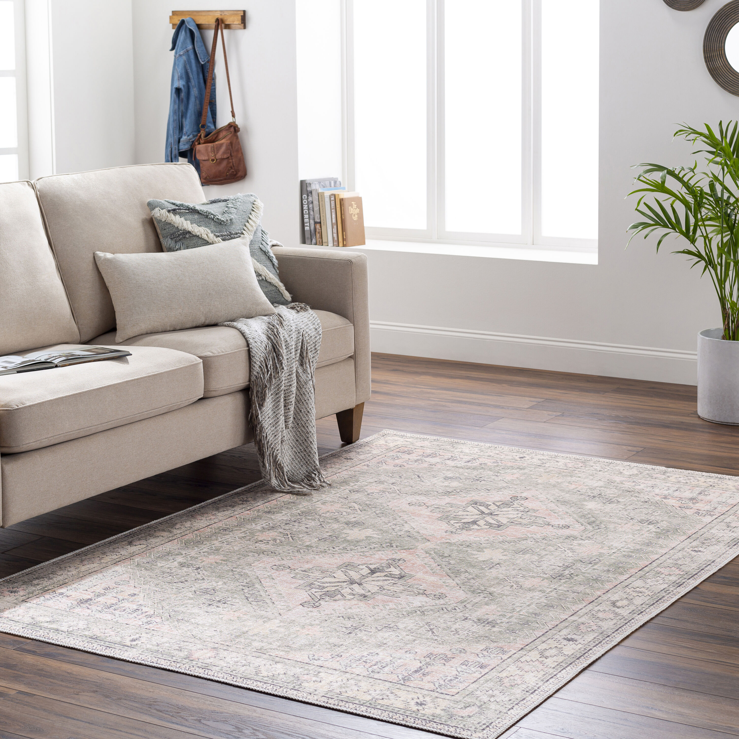 4' x 6' Grey Charcoal Gold Brown Ivory Pale Sage and Light Blue Oriental Printed Stain Resistant Non Skid Area Rug