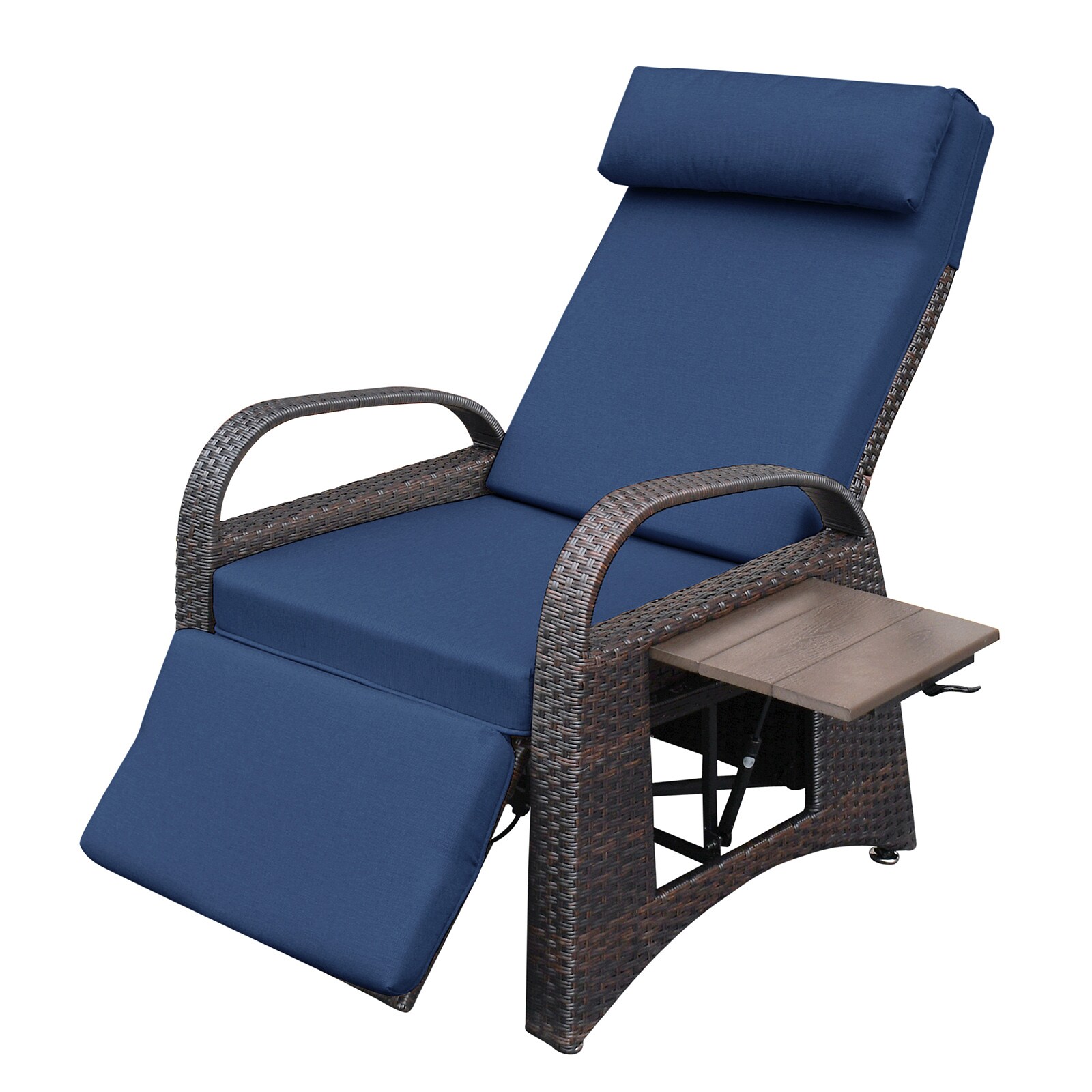 WELLFOR TRX-464AE Rattan Brown Iron Frame Recliner Chair with Blue Cushioned Seat