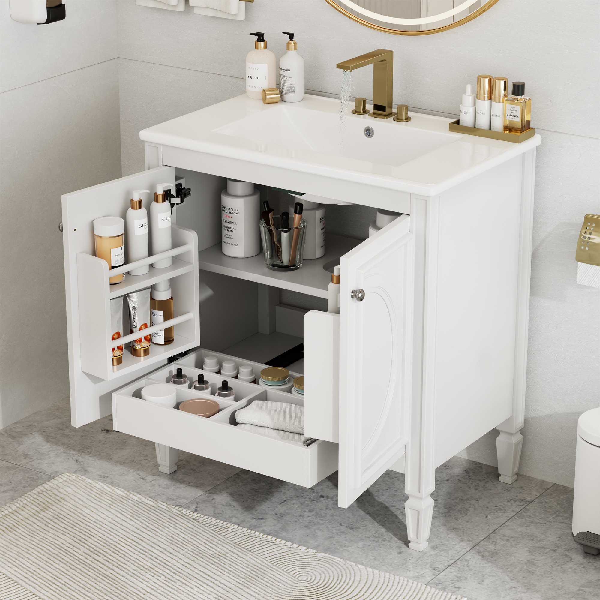 Tahanbath 30inch White Vintage Bathroom Vanity with Sink 2 Doors with Shelf Soft Close Door Hinges